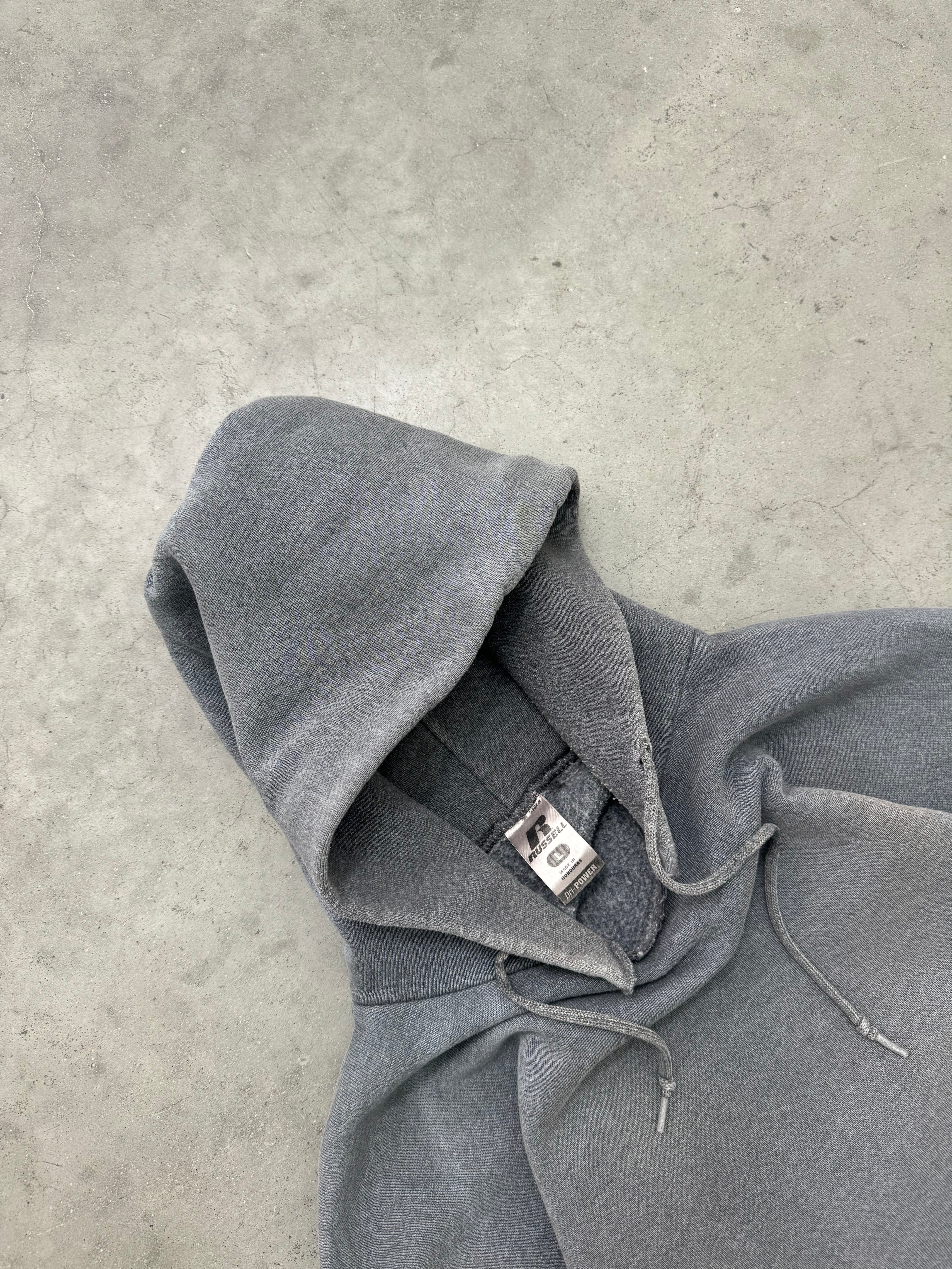 SUN FADED CHARCOAL & DISTRESSED RUSSELL HOODIE - 2000S
