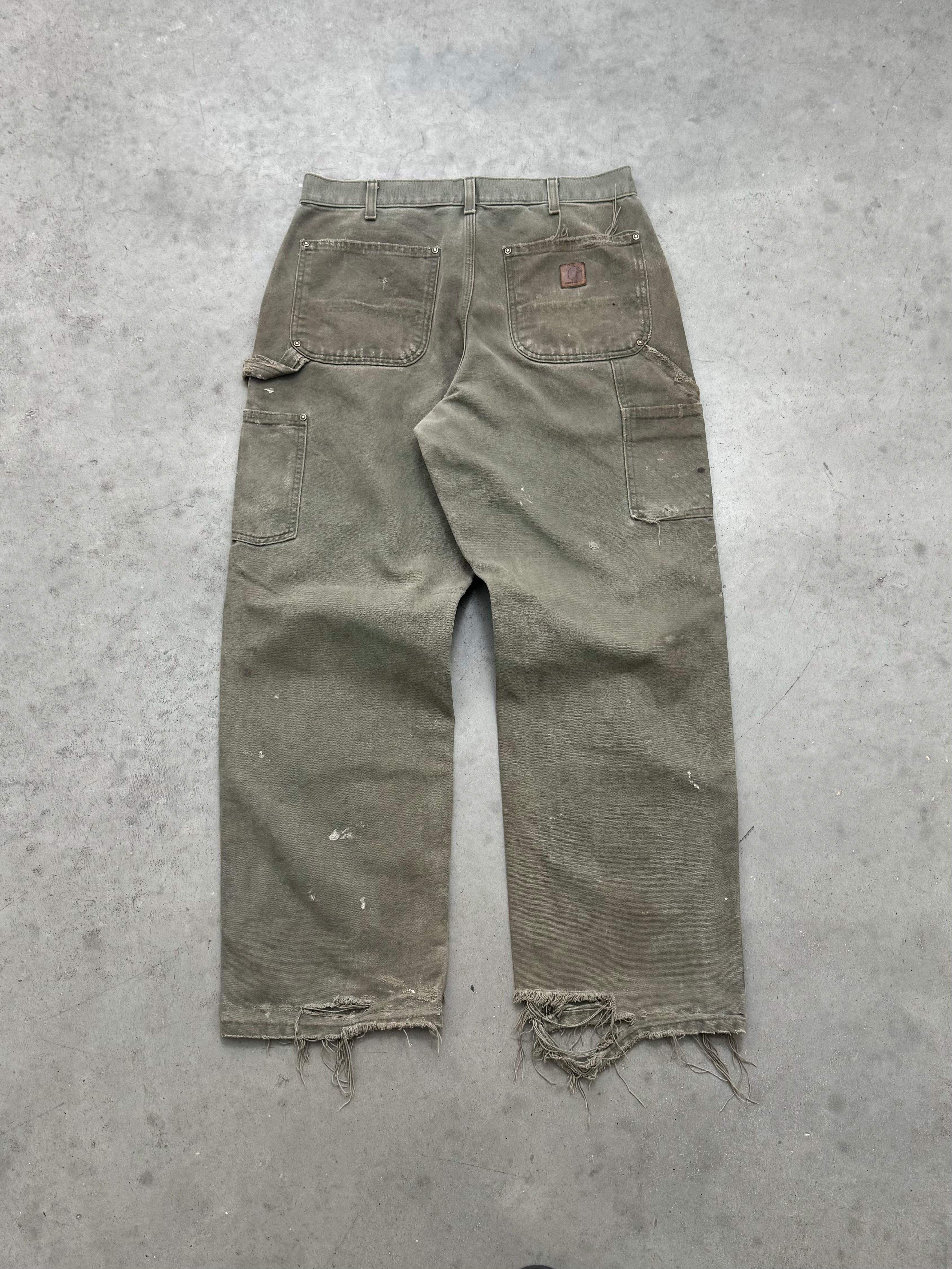 FADED OLIVE & DISTRESSED CARHARTT DOUBLE KNEE PANTS - 1990S