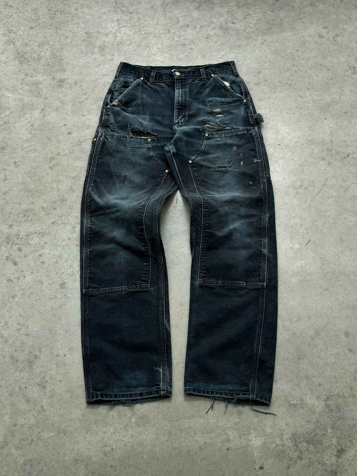 DISTRESSED FADED BLACK CARHARTT DOUBLE KNEE PANTS - 1990S