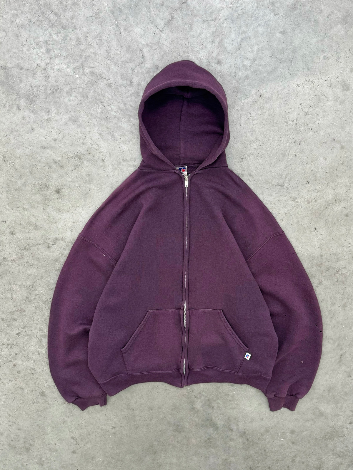 DISTRESSED FADED PLUM ZIP UP RUSSELL HOODIE - 2000S