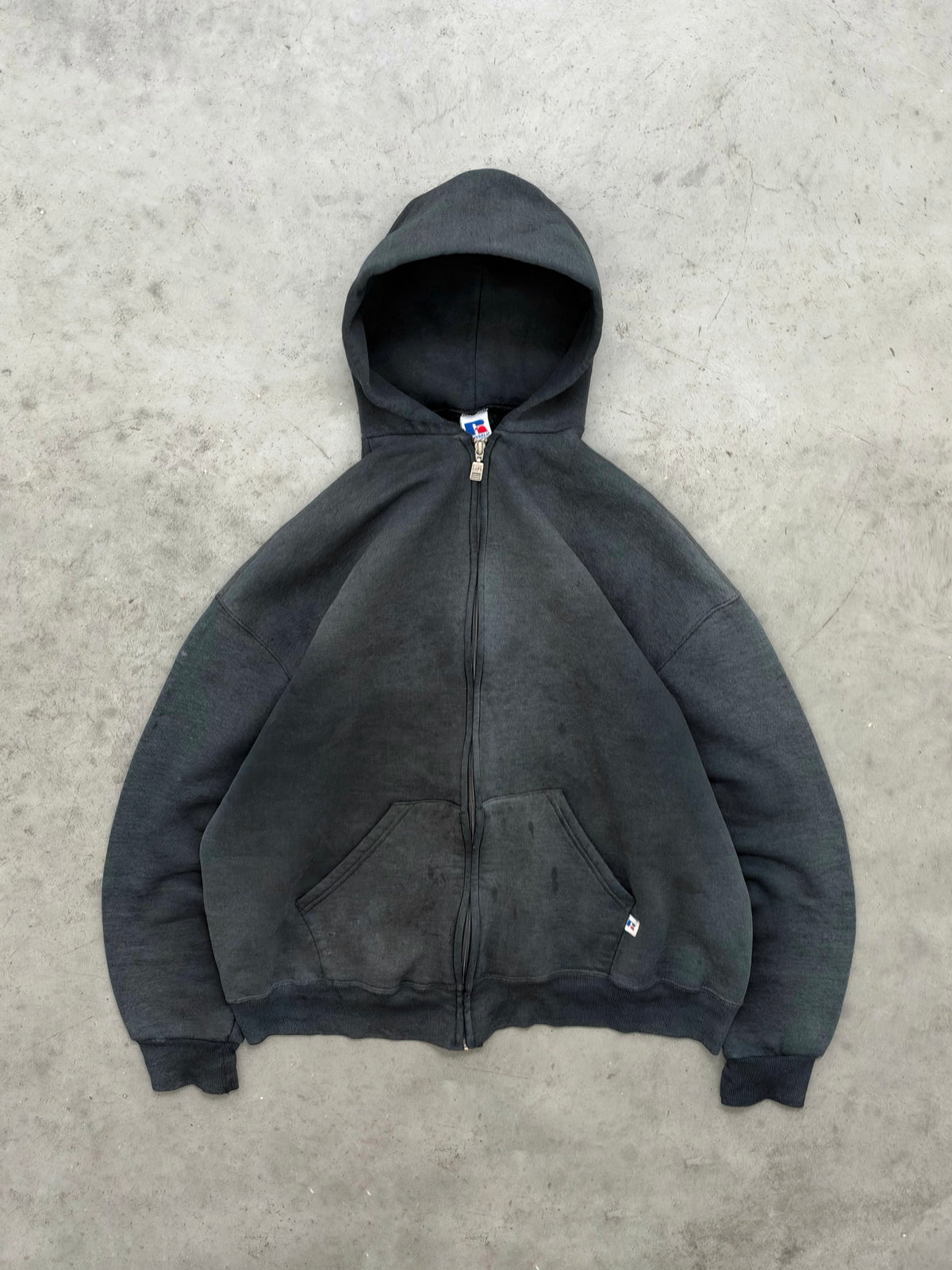 DISTRESSED FADED MIDNIGHT BLACK RUSSELL ZIP UP HOODIE - 1990S