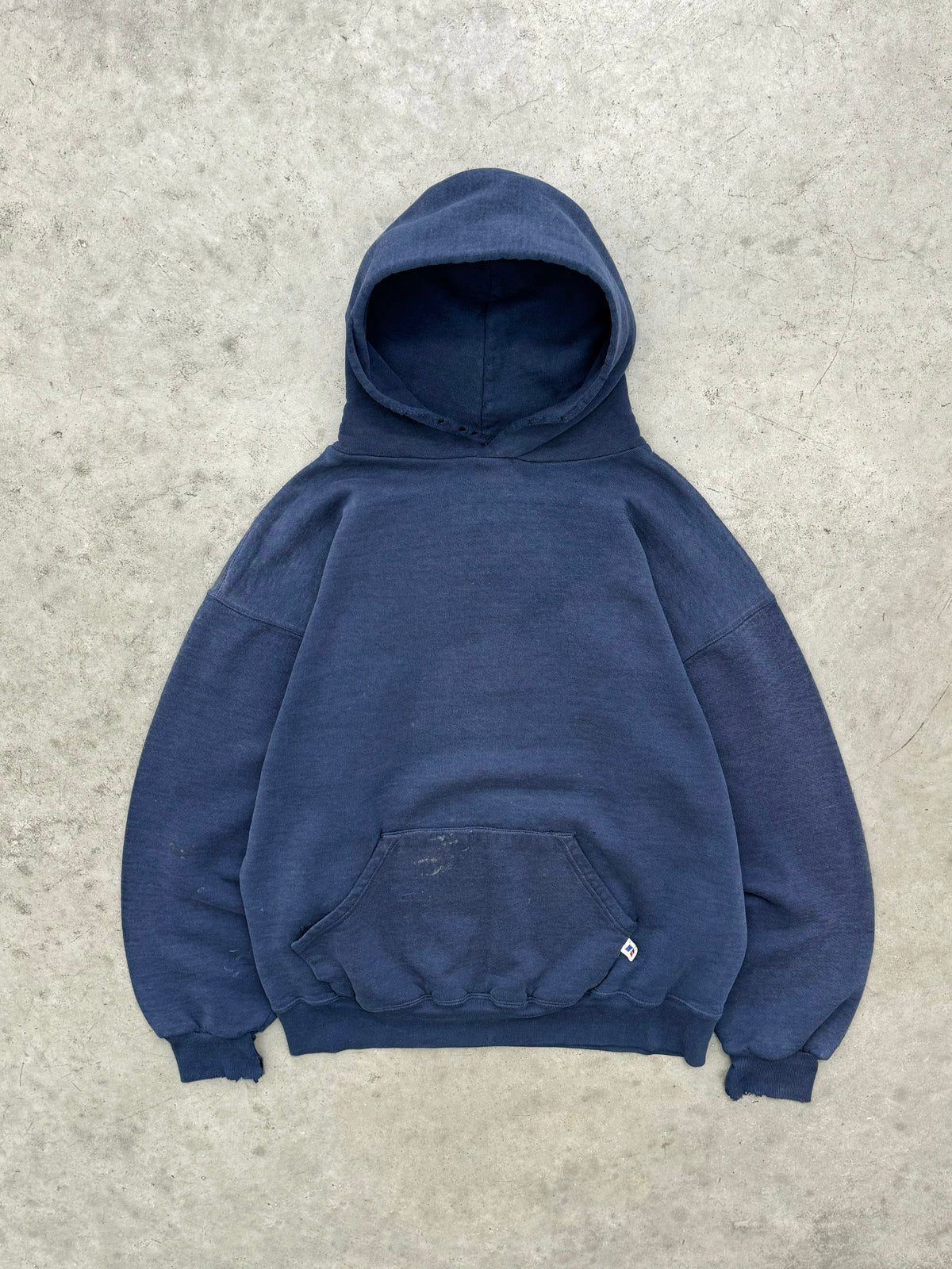 DISTRESSED & FADED NAVY BLUE RUSSELL HOODIE - 1990S