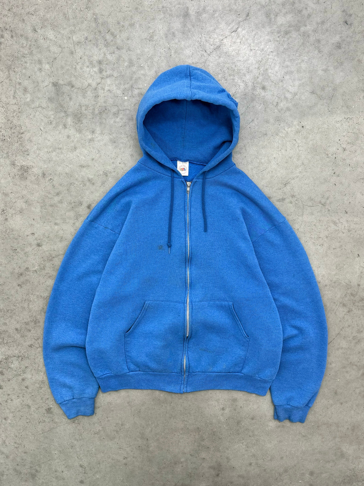 DISTRESSED & SUN FADED BLUE ZIP UP HOODIE - 1990S