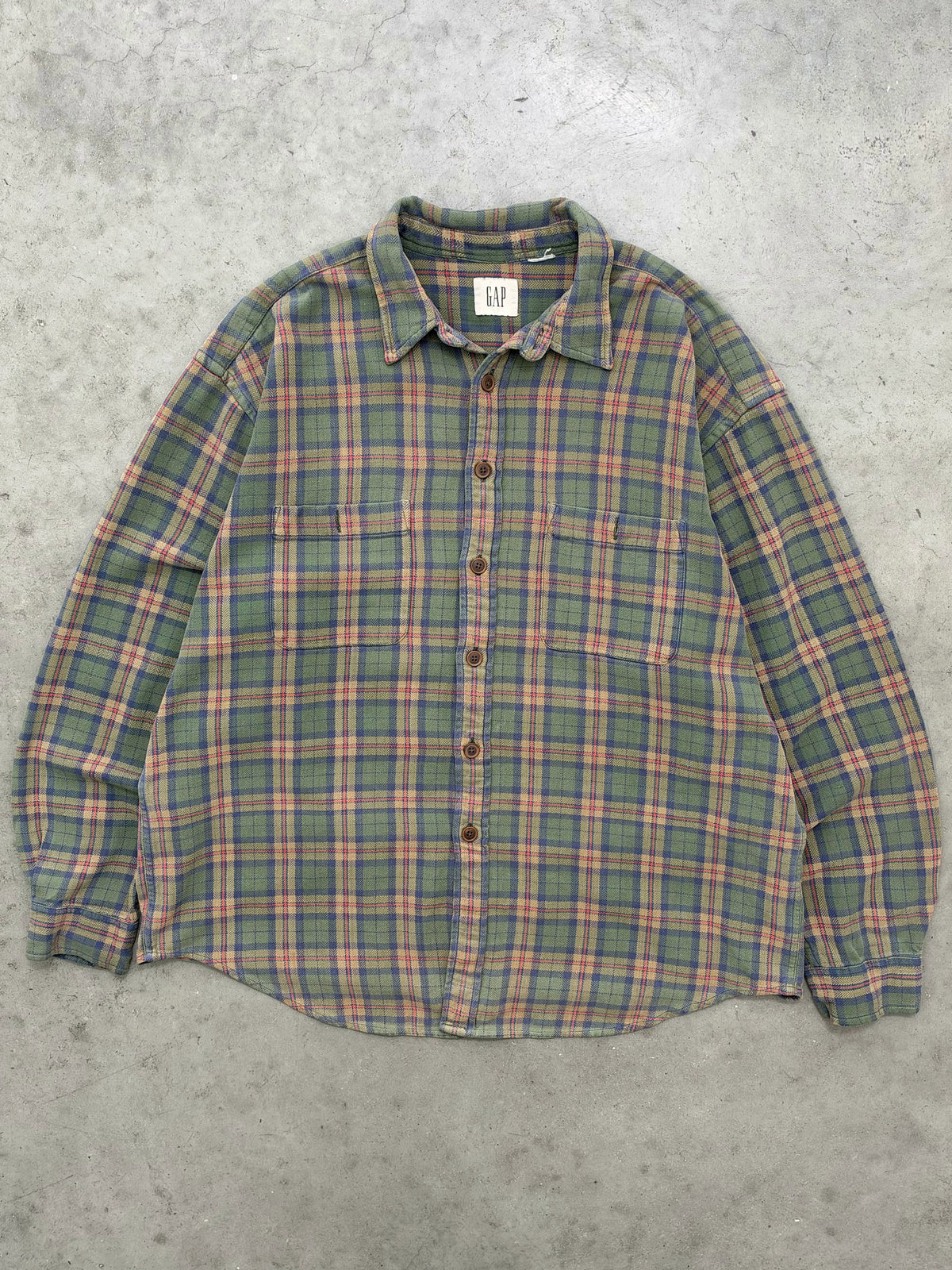 FADED GREEN PLAID GAP FLANNEL SHIRT - 1990S