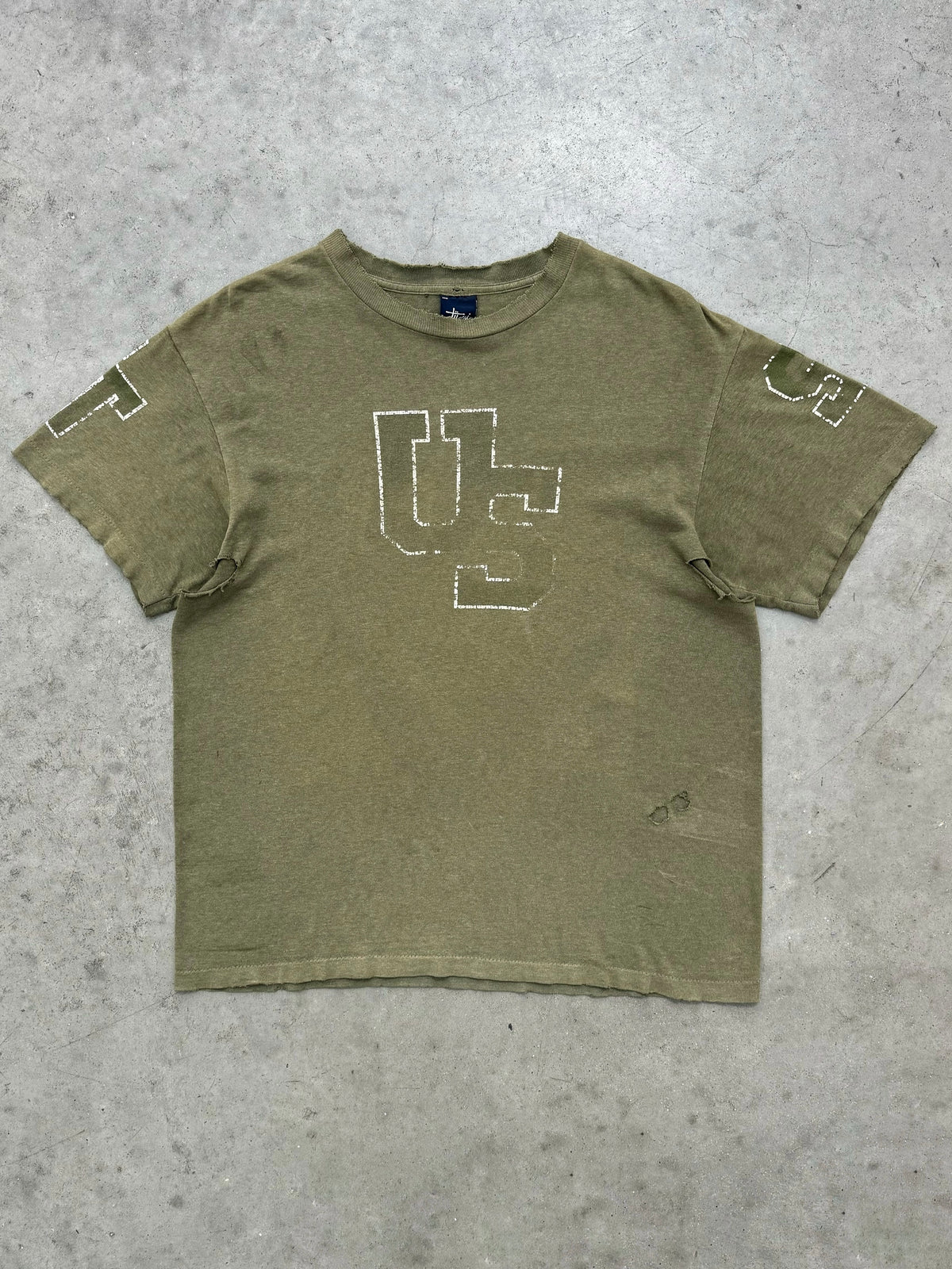DISTRESSED FADED OLIVE GREEN STUSSY MADE IN USA TEE - 1990S