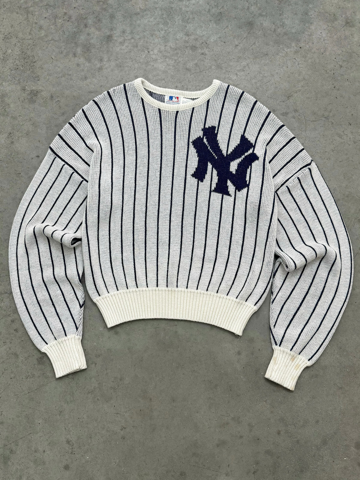 FADED BONE WHITE NEW YORK YANKEES PINSTRIPE SWEATER - 1980S
