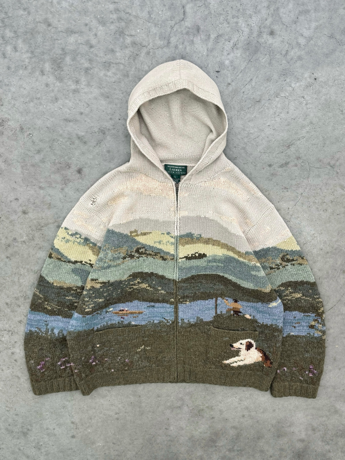 FADED EARTH TONE RALPH LAUREN NATURE KNIT HOODIE - 2000S