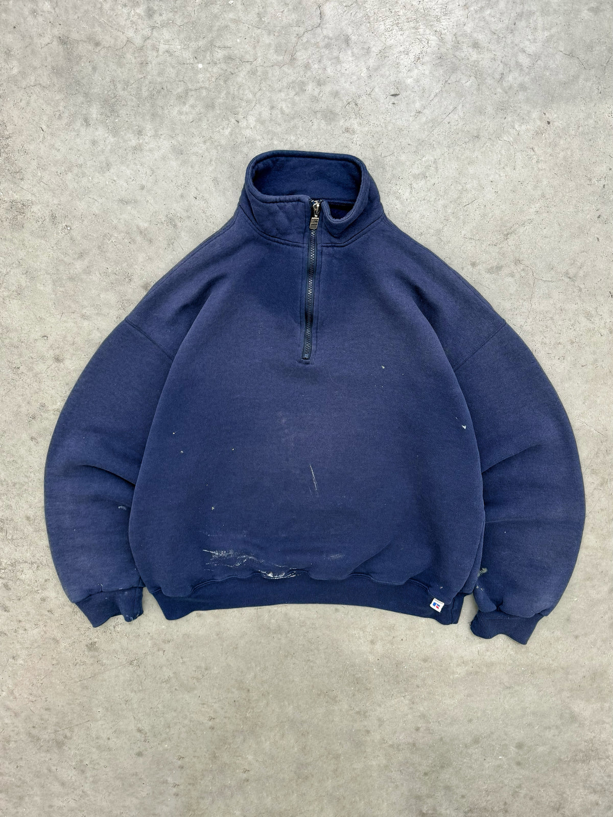 SUN FADED NAVY PAINTERS RUSSELL QUARTER ZIP - 1990S