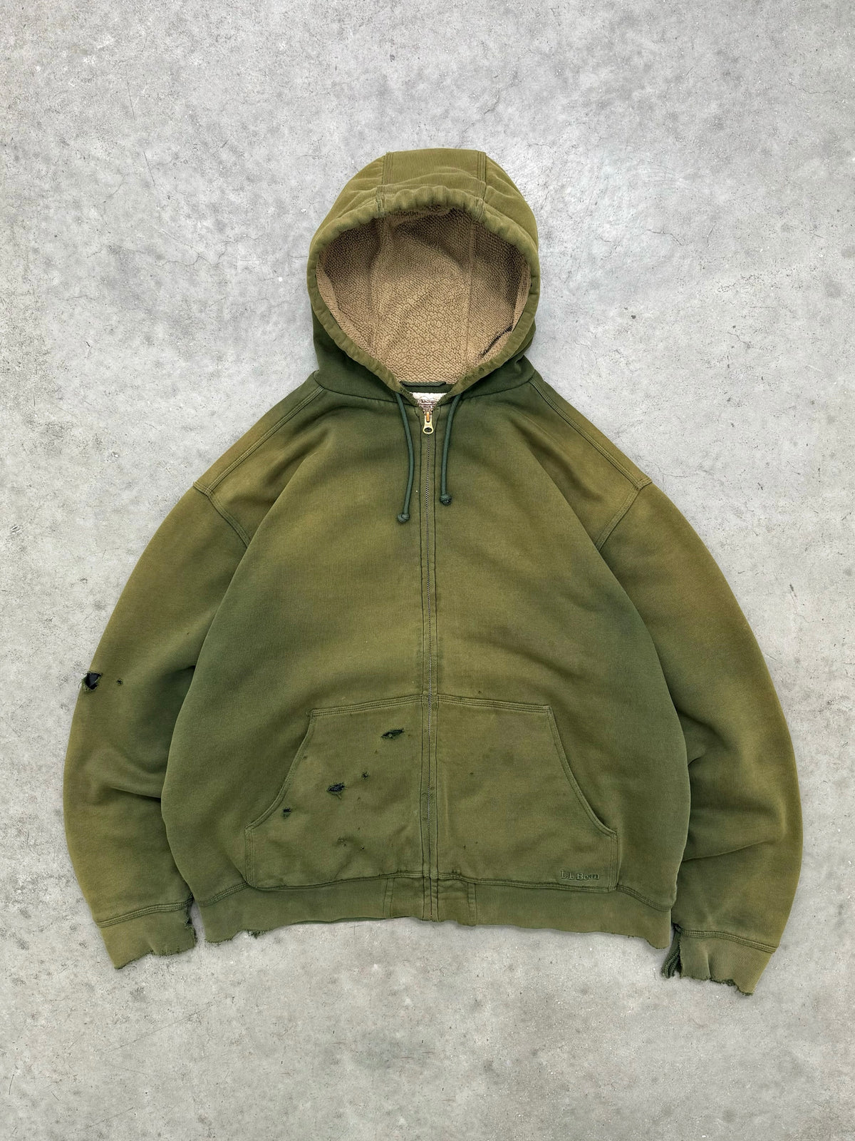 DISTRESSED SUN FADED OLIVE REVERSE PILE ZIP-UP HOODIE - 2000S