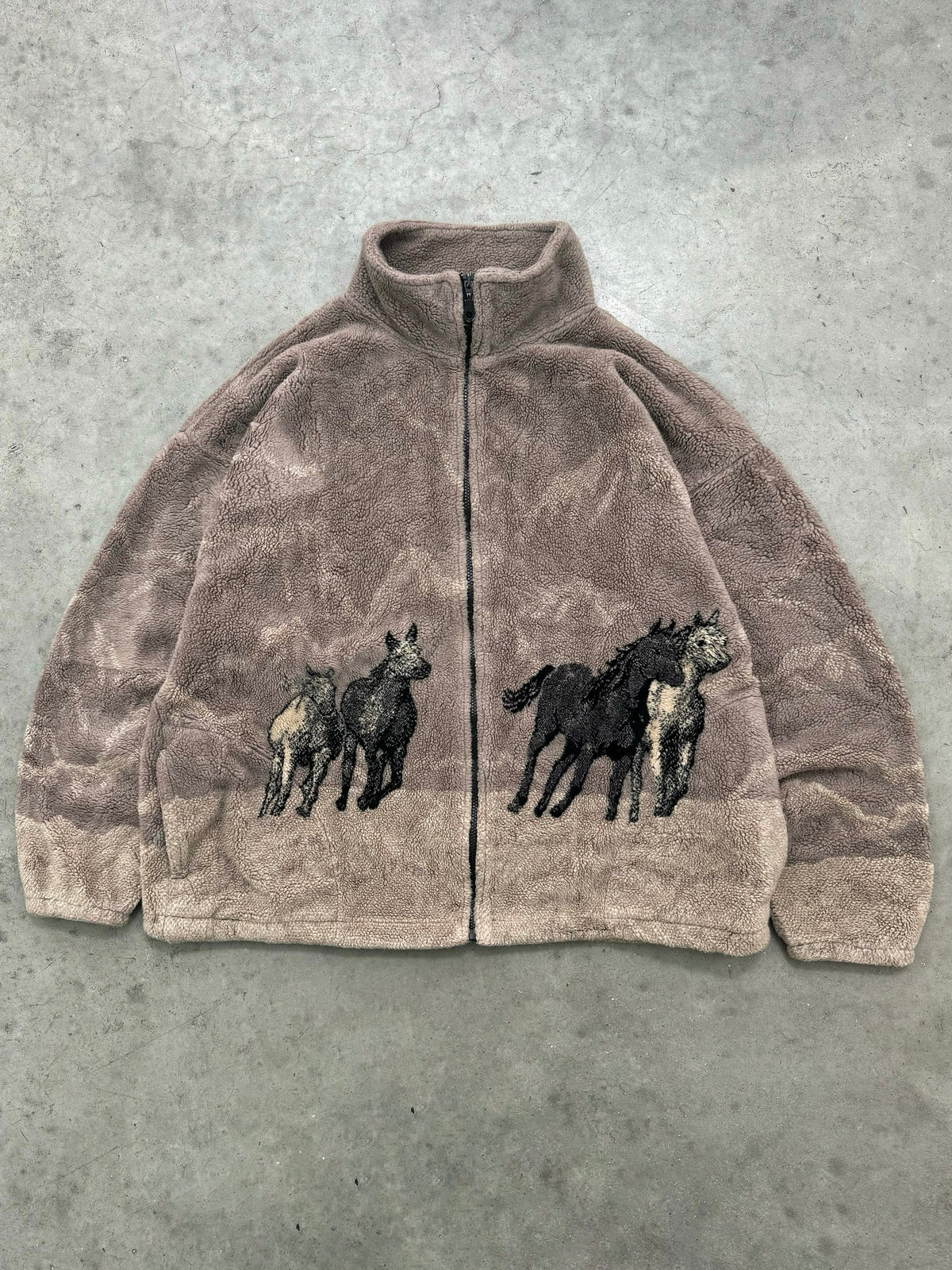 TAUPE BROWN HORSE DEEP PILE ZIP UP FLEECE - 1990S