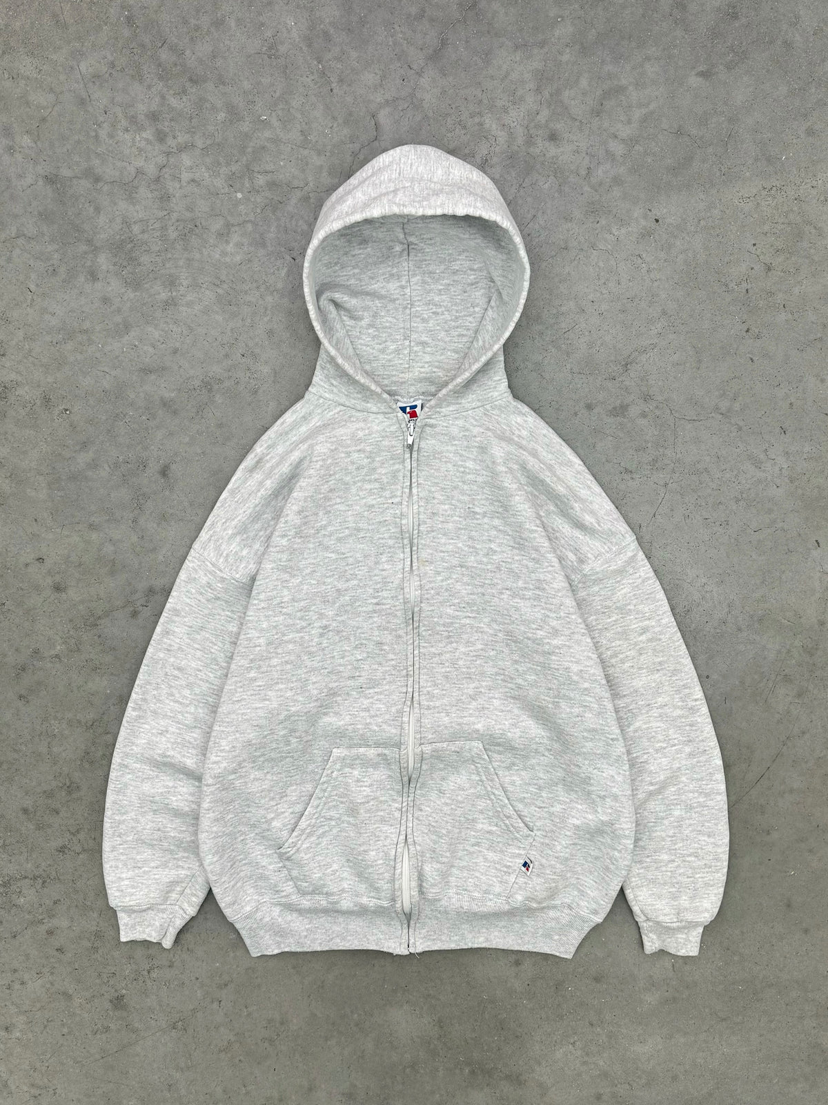 FADED HEATHER GREY RUSSELL ZIP UP HOODIE - 1990S
