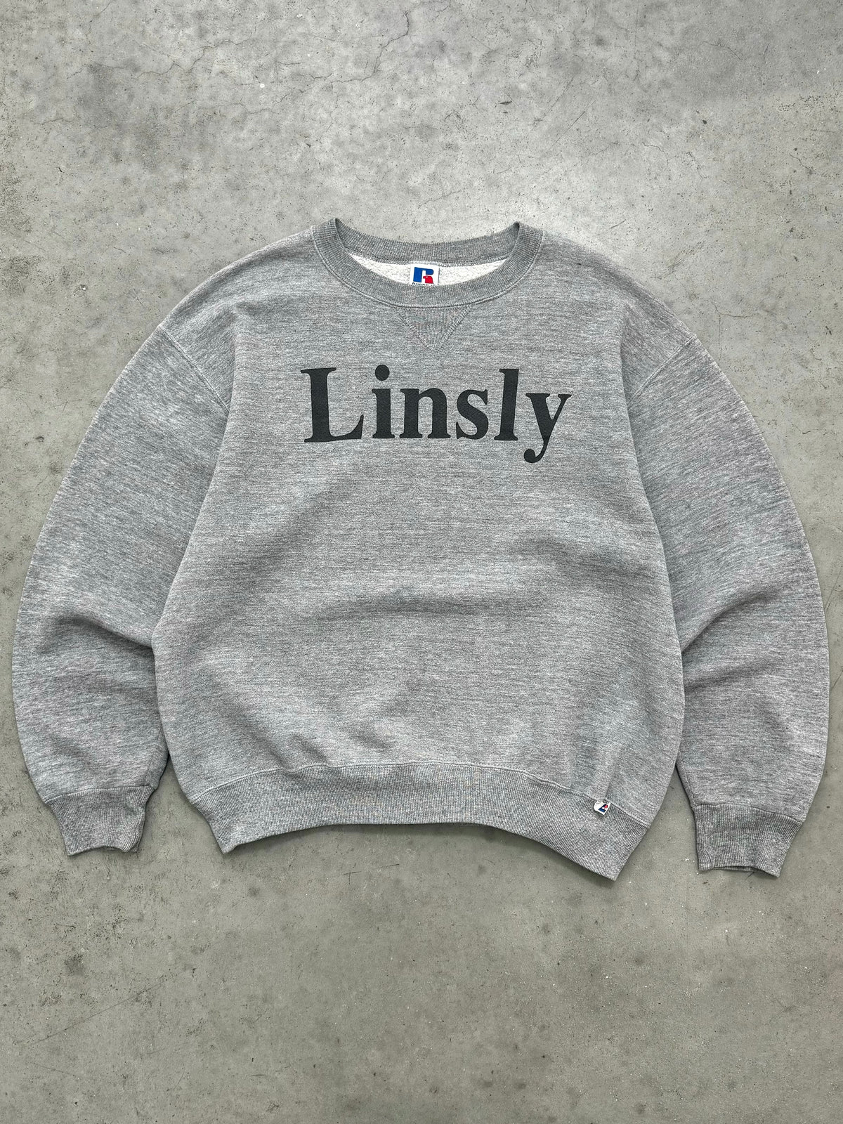 FADED HEATHER GREY "LINSLY" RUSSELL CREWNECK - 1990S