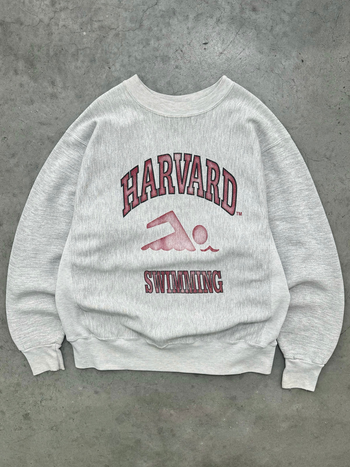 FADED HEATHER GREY "HARVARD SWIMMING" REVERSE WEAVE CREWNECK - 1980S