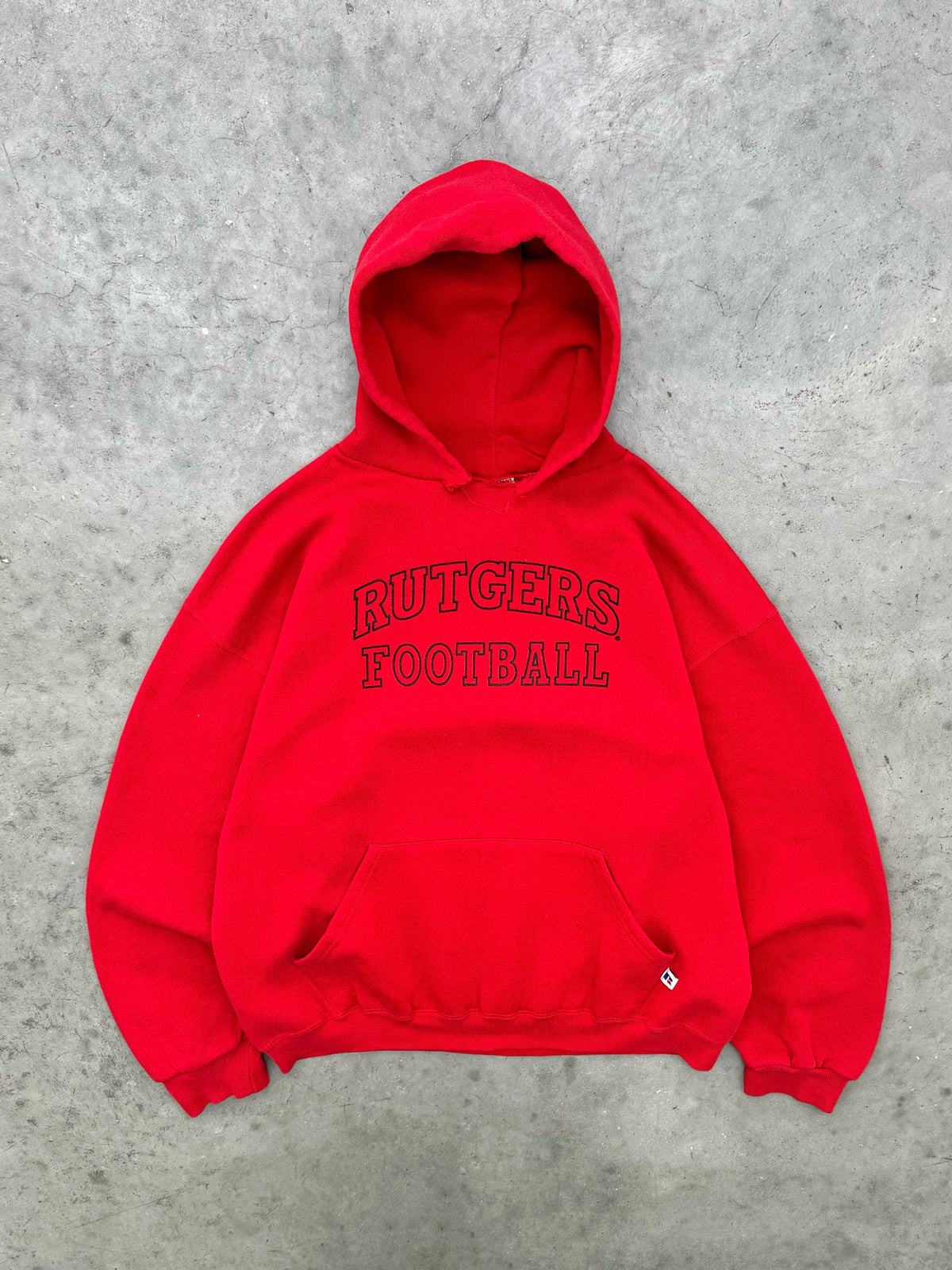 FADED RED "RUTGERS FOOTBALL" RUSSELL HOODIE - 1990S