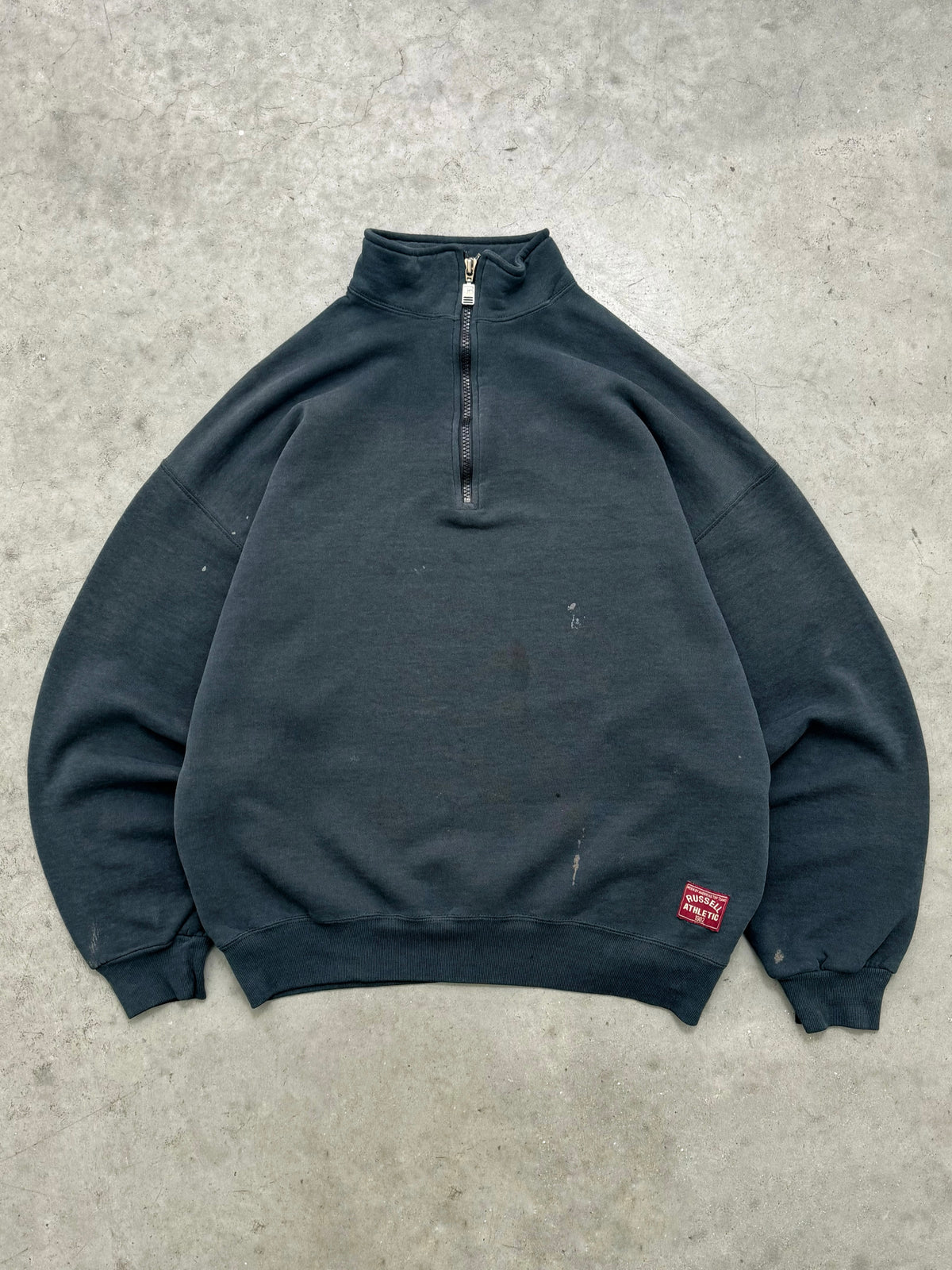 FADED BLACK PAINTERS RUSSELL QUARTER ZIP SWEATSHIRT - 1990S