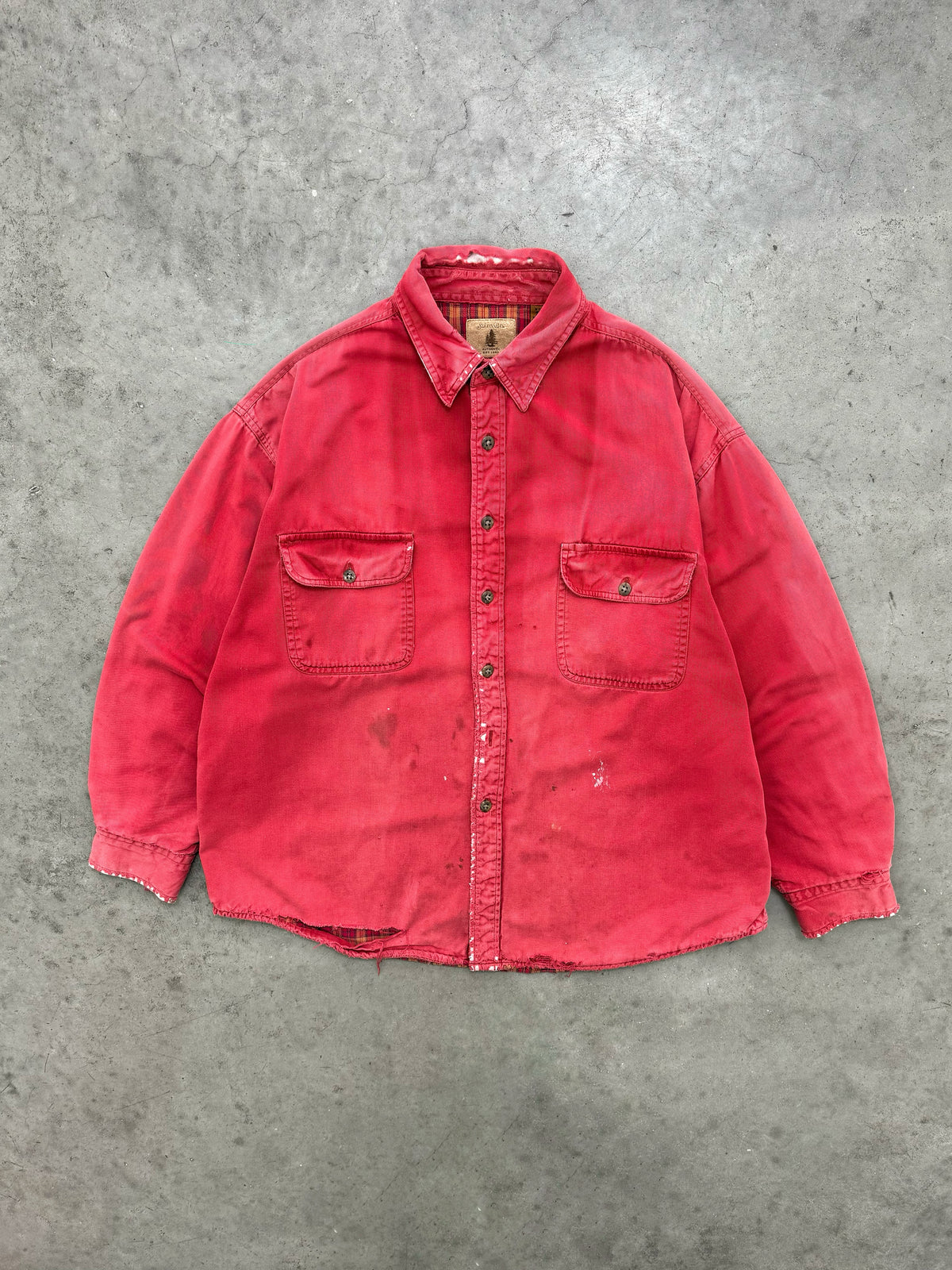 FADED RED & DISTRESSED FLANNEL LINED OVERSHIRT - 1990S