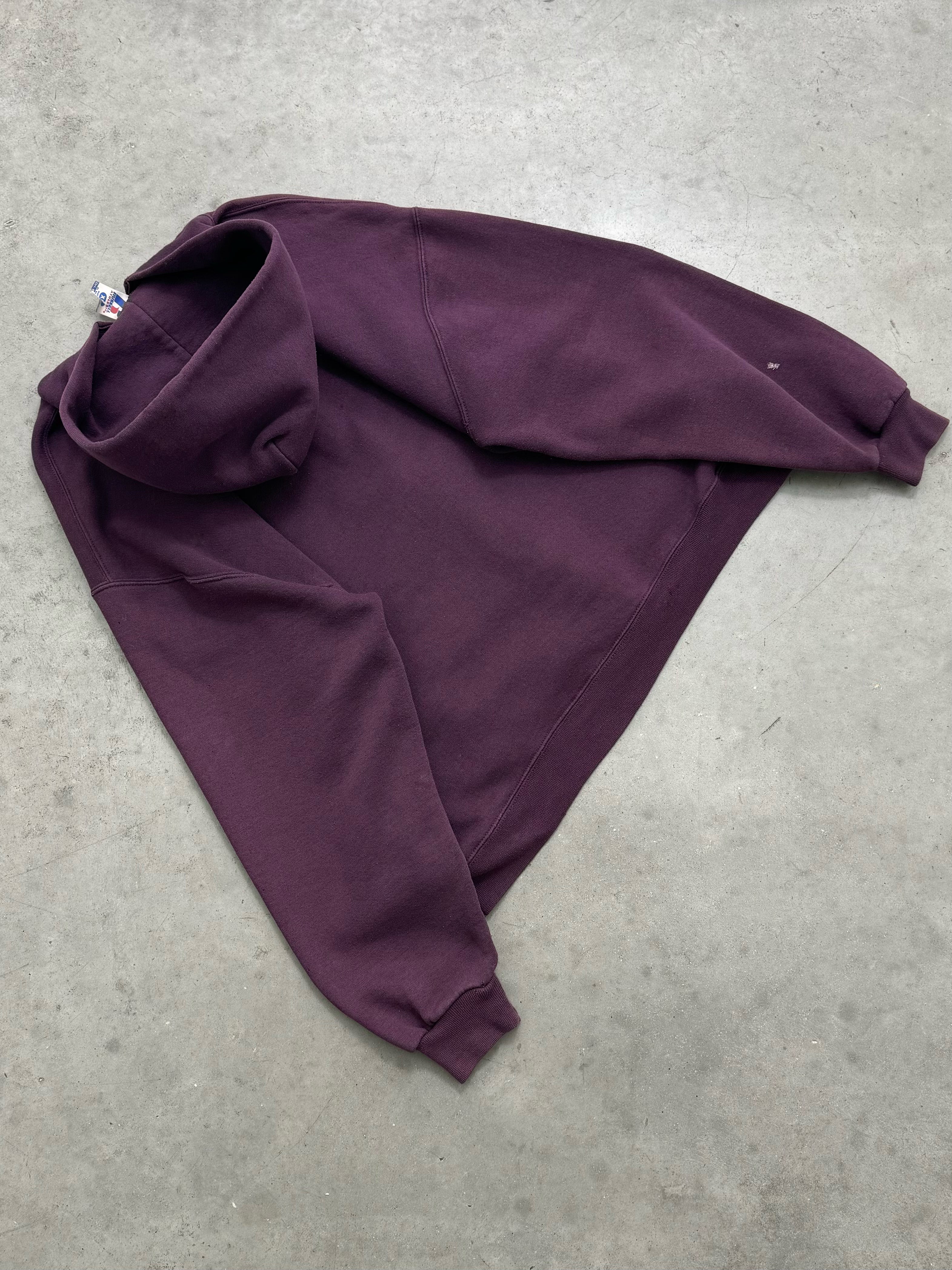 DISTRESSED FADED PLUM ZIP UP RUSSELL HOODIE - 2000S