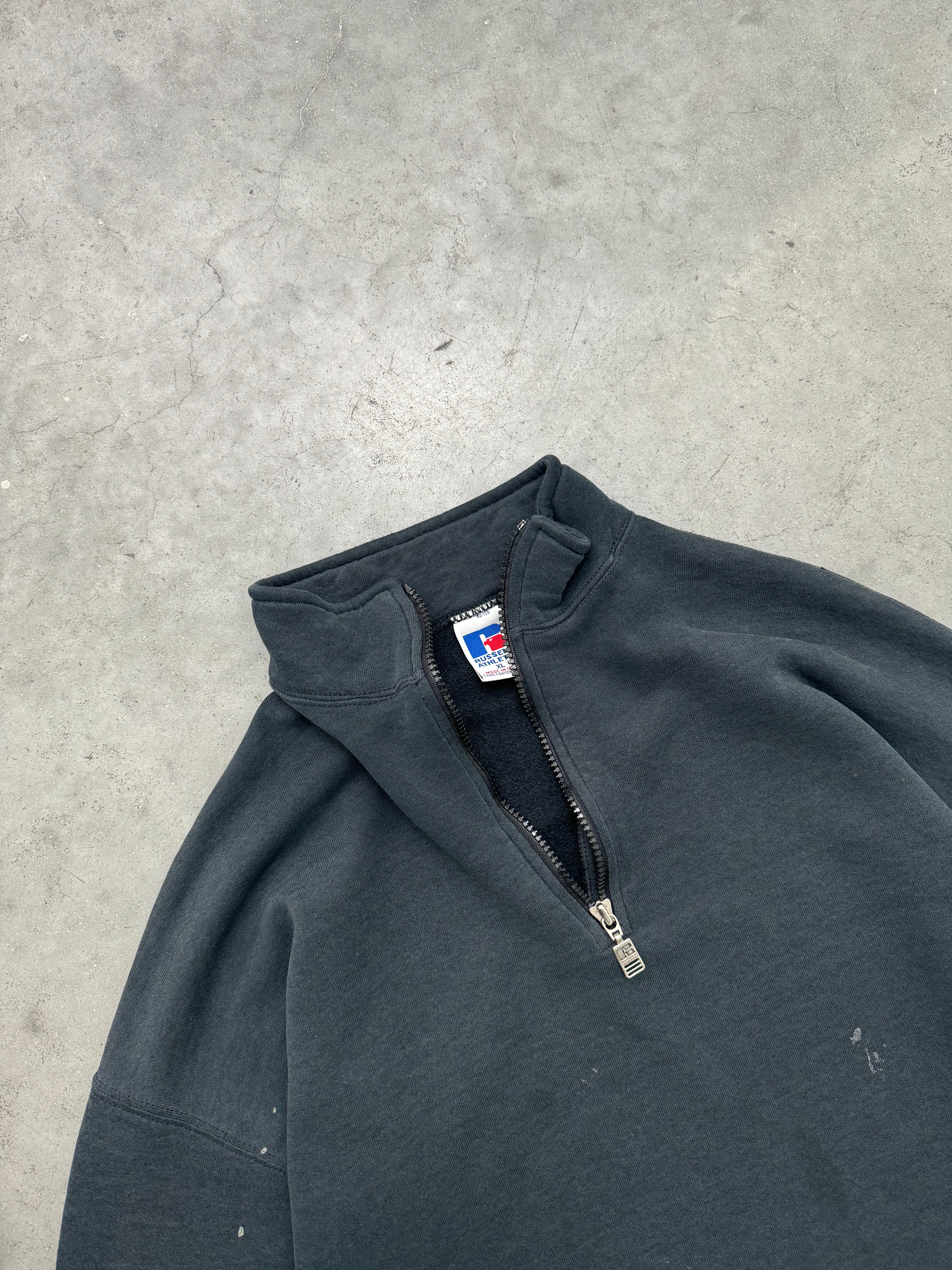 FADED BLACK PAINTERS RUSSELL QUARTER ZIP SWEATSHIRT - 1990S