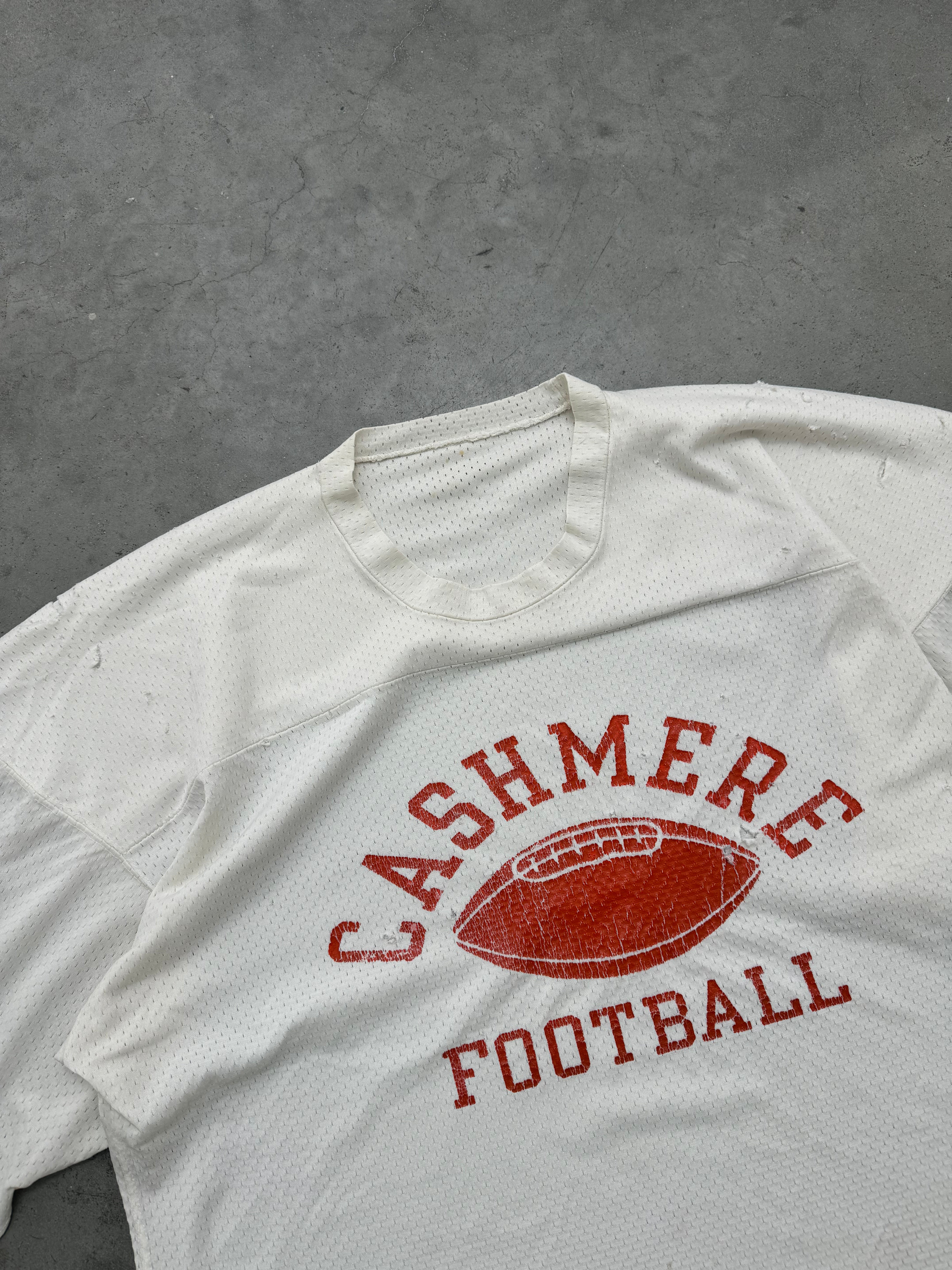 DISTRESSED & FADED WHITE "CASHMERE FOOTBALL" MESH JERSEY - 1980S