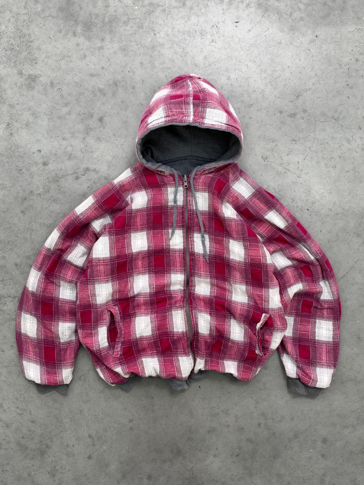 FADED CEMENT GREY FLANNEL LINED RAGLAN ZIP-UP HOODIE - 1990S