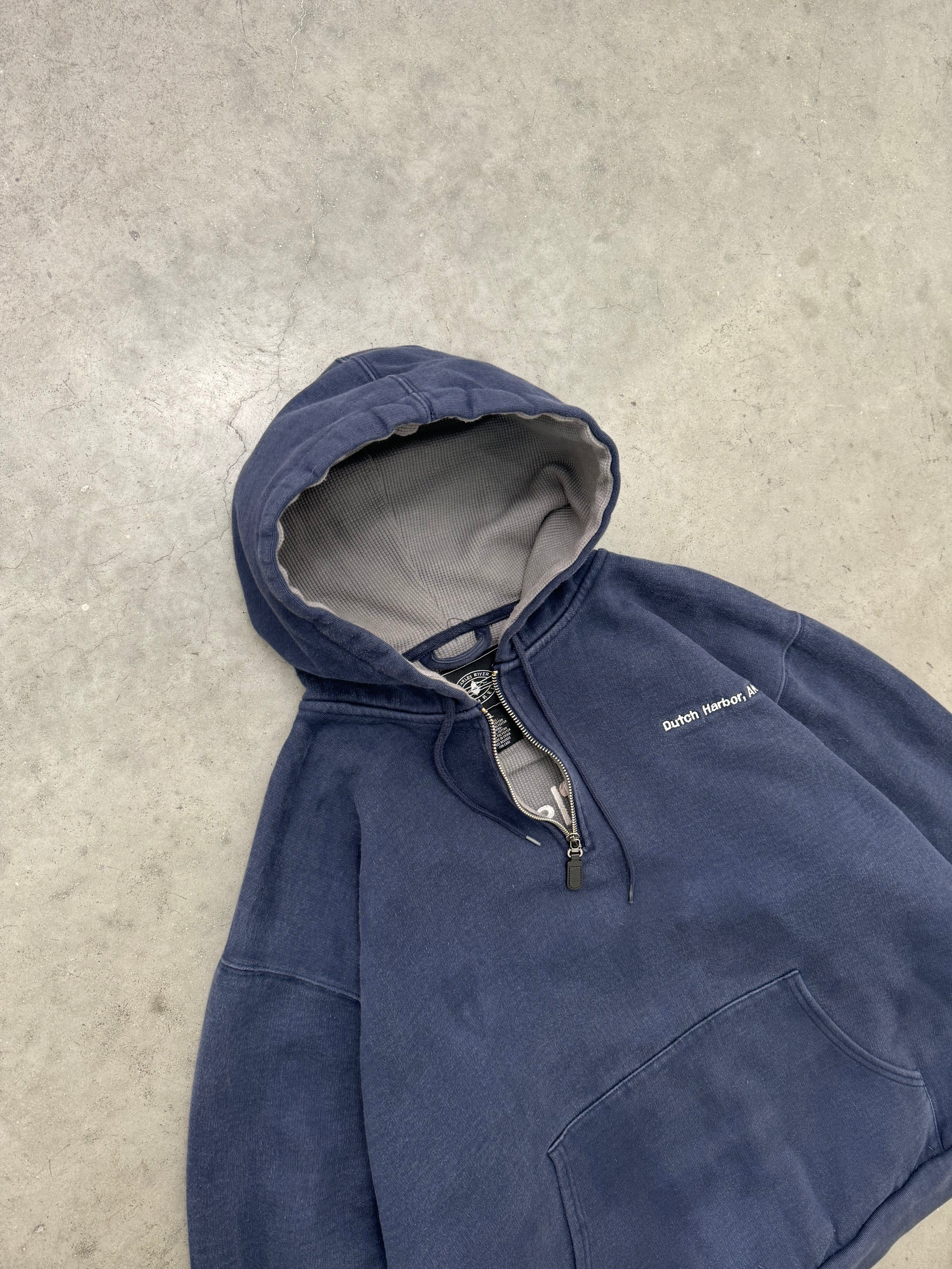 FADED BLUE "ROLLS-ROYCE" THERMAL LINED QUARTER ZIP HOODIE - 2000S