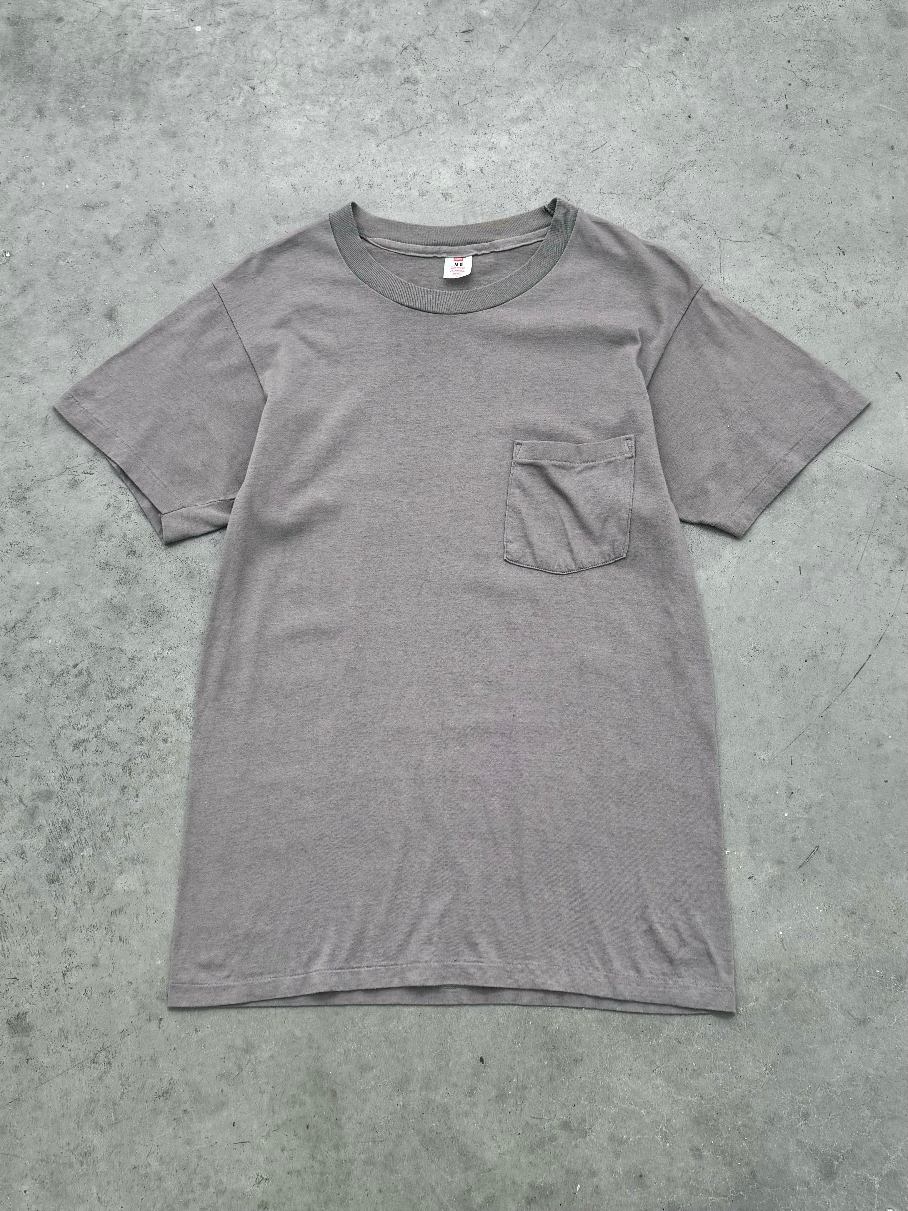 FADED CEMENT GREY HANES POCKET TEE - 1980S