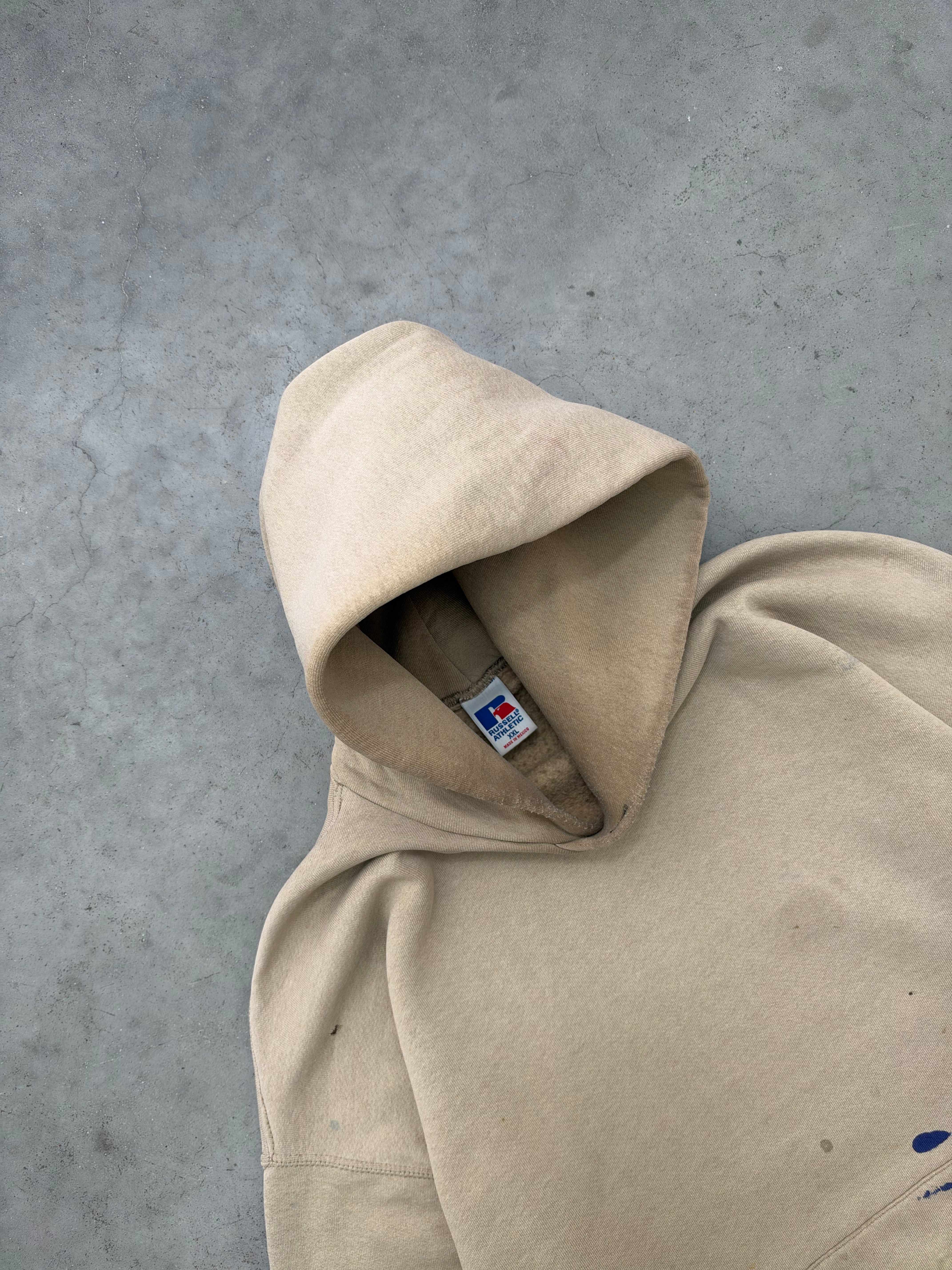 DISTRESSED FADED BEIGE RUSSELL HOODIE - 1990S