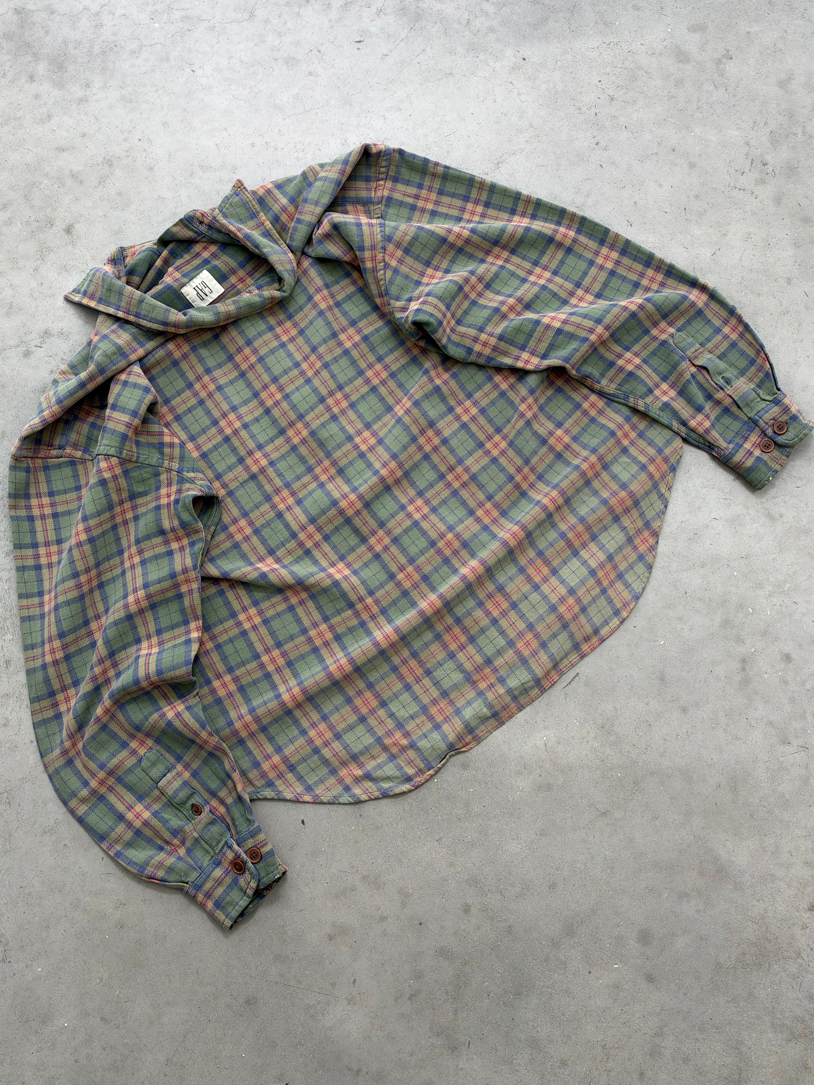 FADED GREEN PLAID GAP FLANNEL SHIRT - 1990S
