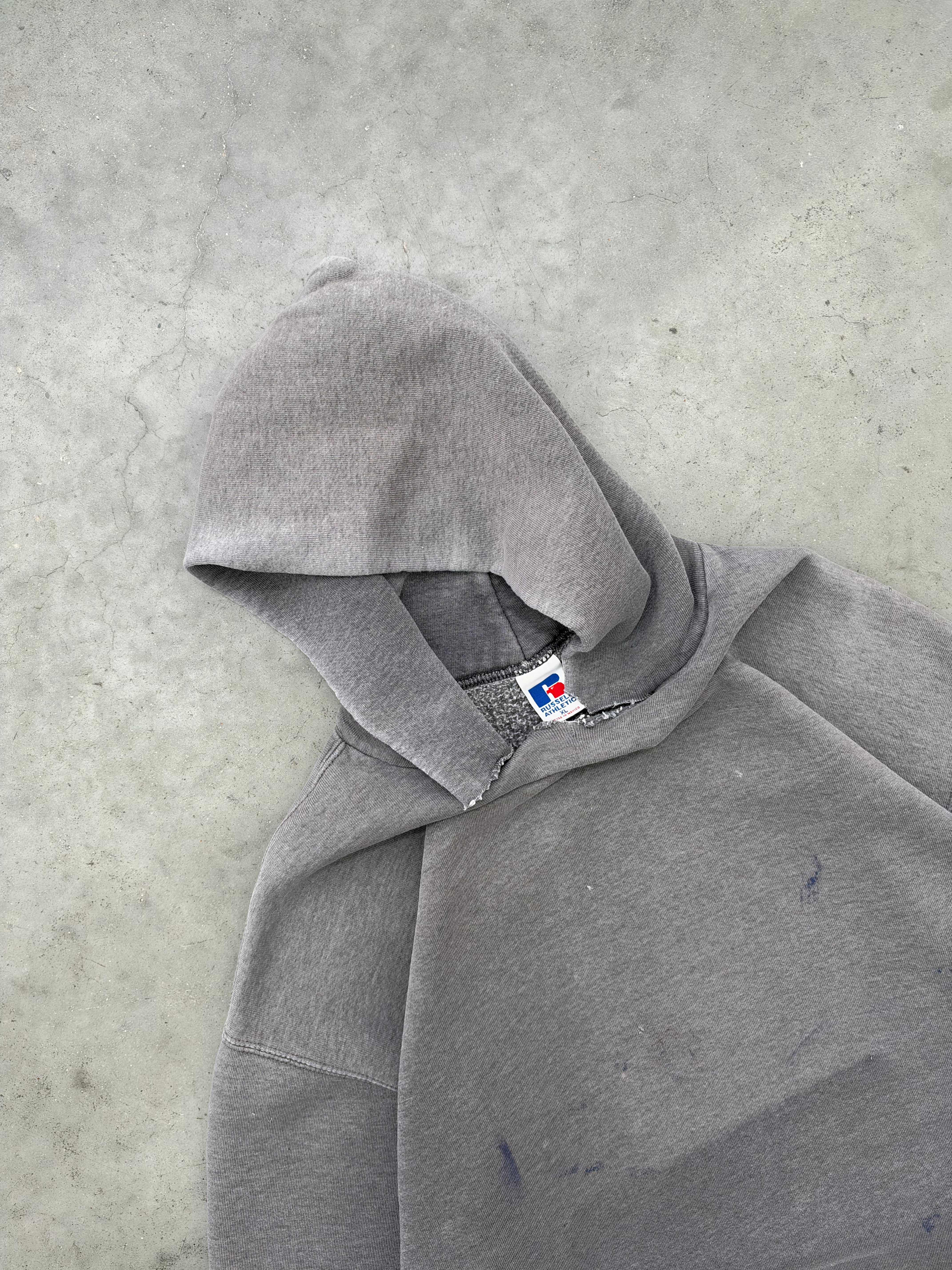 DISTRESSED SUN FADED SMOKE GREY RUSSELL HOODIE - 1990S