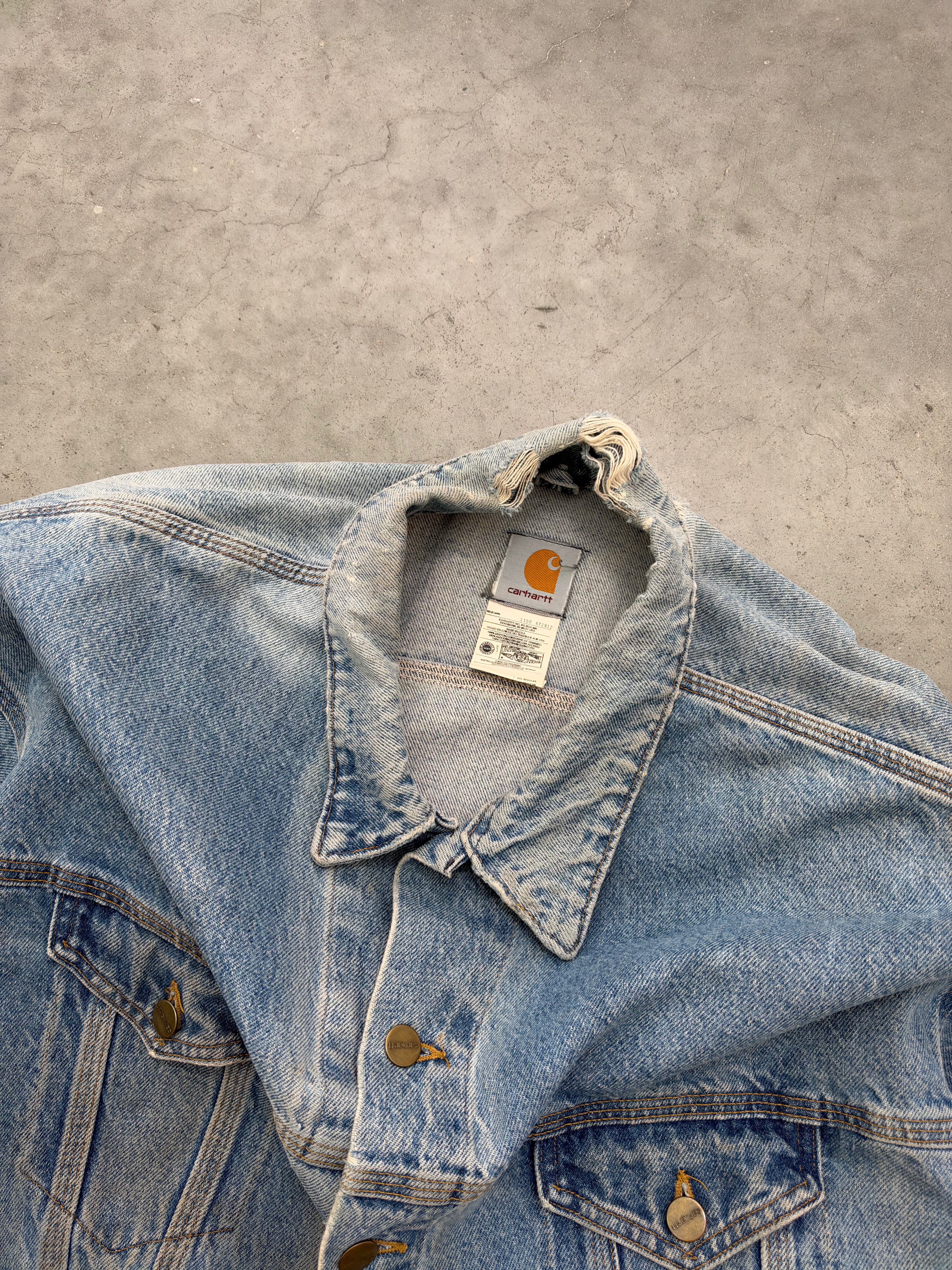 DISTRESSED SUN FADED BLUE CARHARTT DENIM TRUCKER JACKET - 1990S