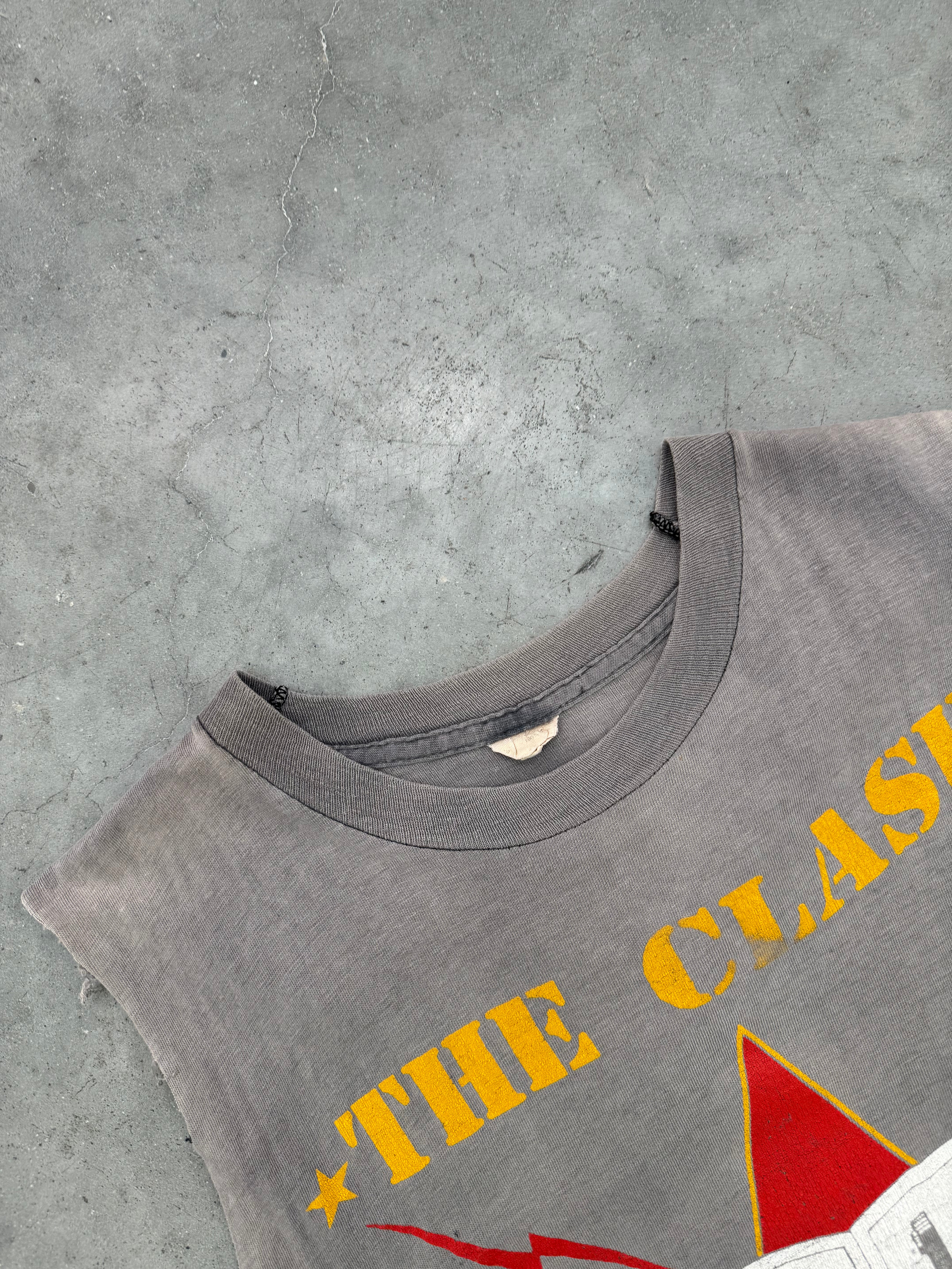 FADED CHARCOAL & DISTRESSED "THE CLASH" SLEEVELESS TEE - 1980S