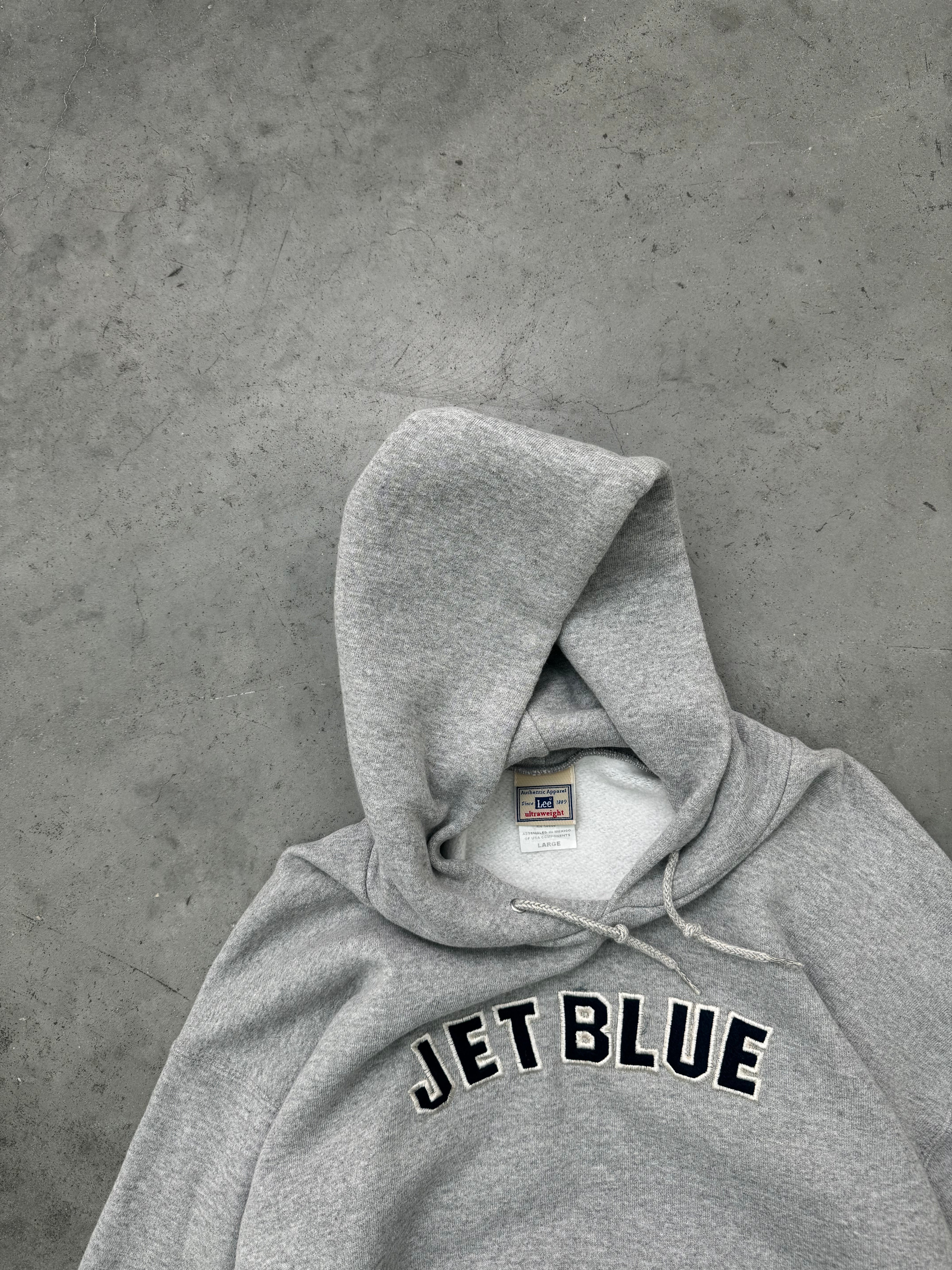 FADED HEATHER GREY "JET BLUE" HOODIE - 1990S