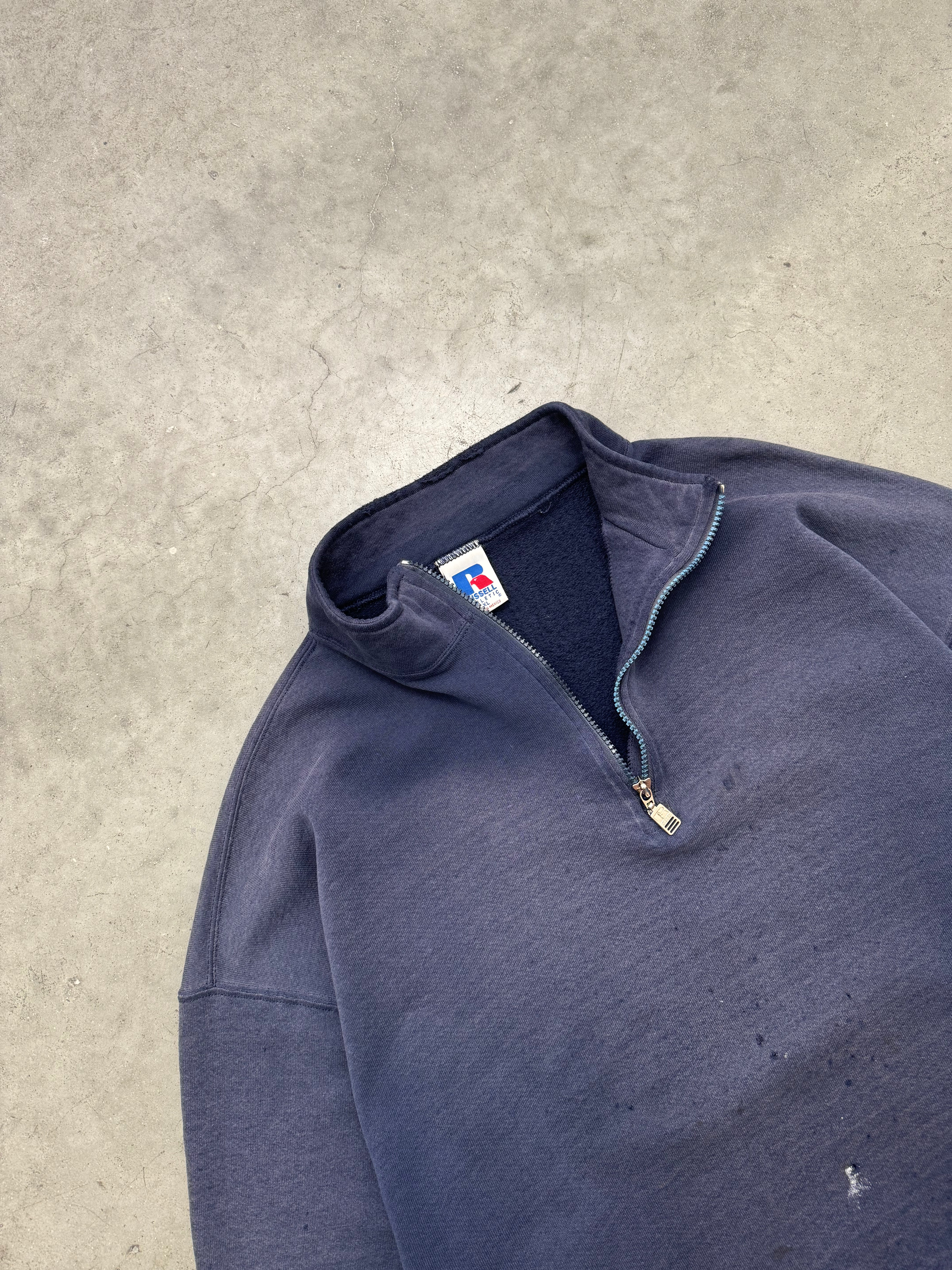 SUN FADED INDIGO & DISTRESSED RUSSELL QUARTER ZIP SWEATSHIRT - 1990S