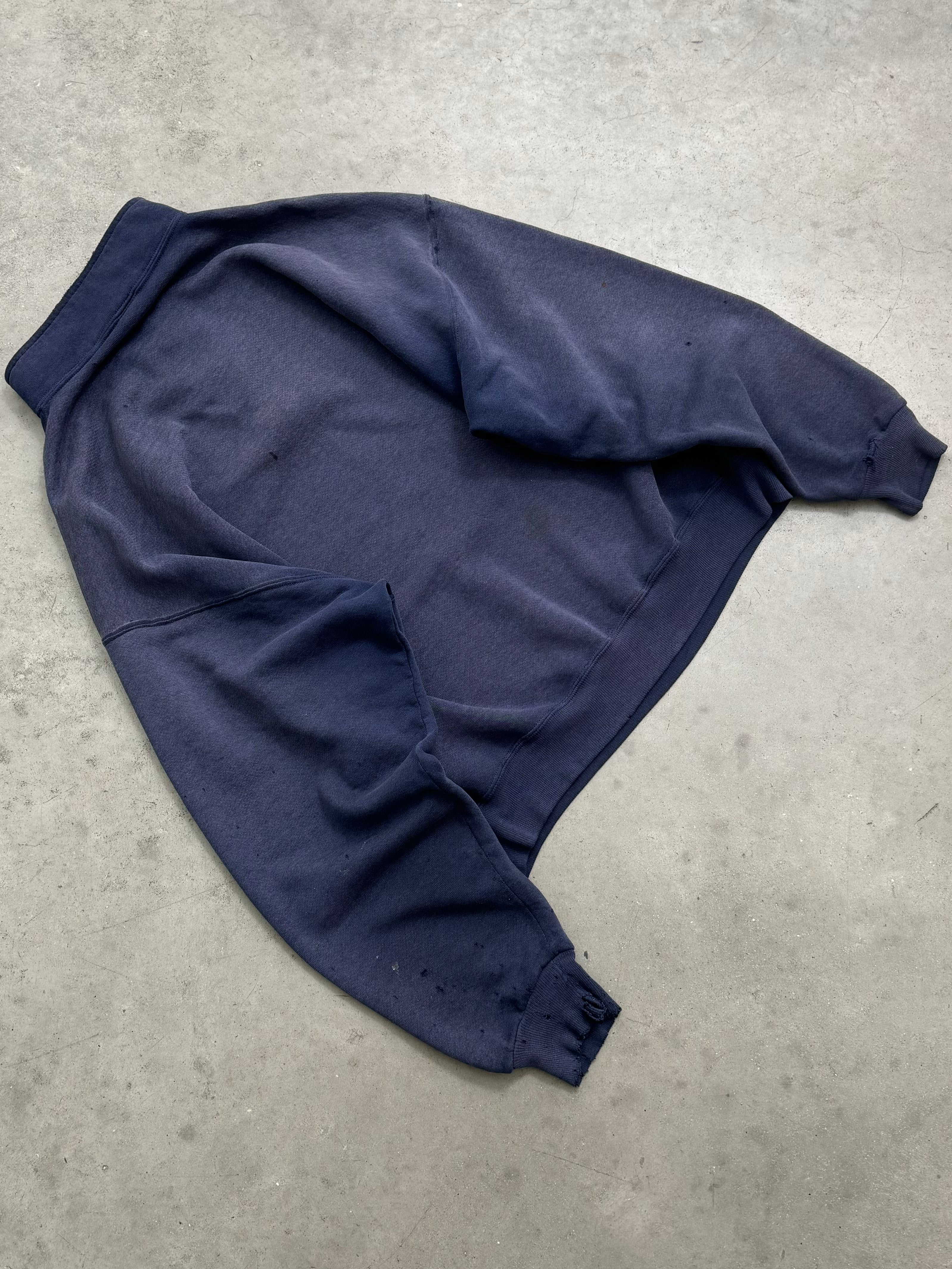 SUN FADED INDIGO & DISTRESSED RUSSELL QUARTER ZIP SWEATSHIRT - 1990S