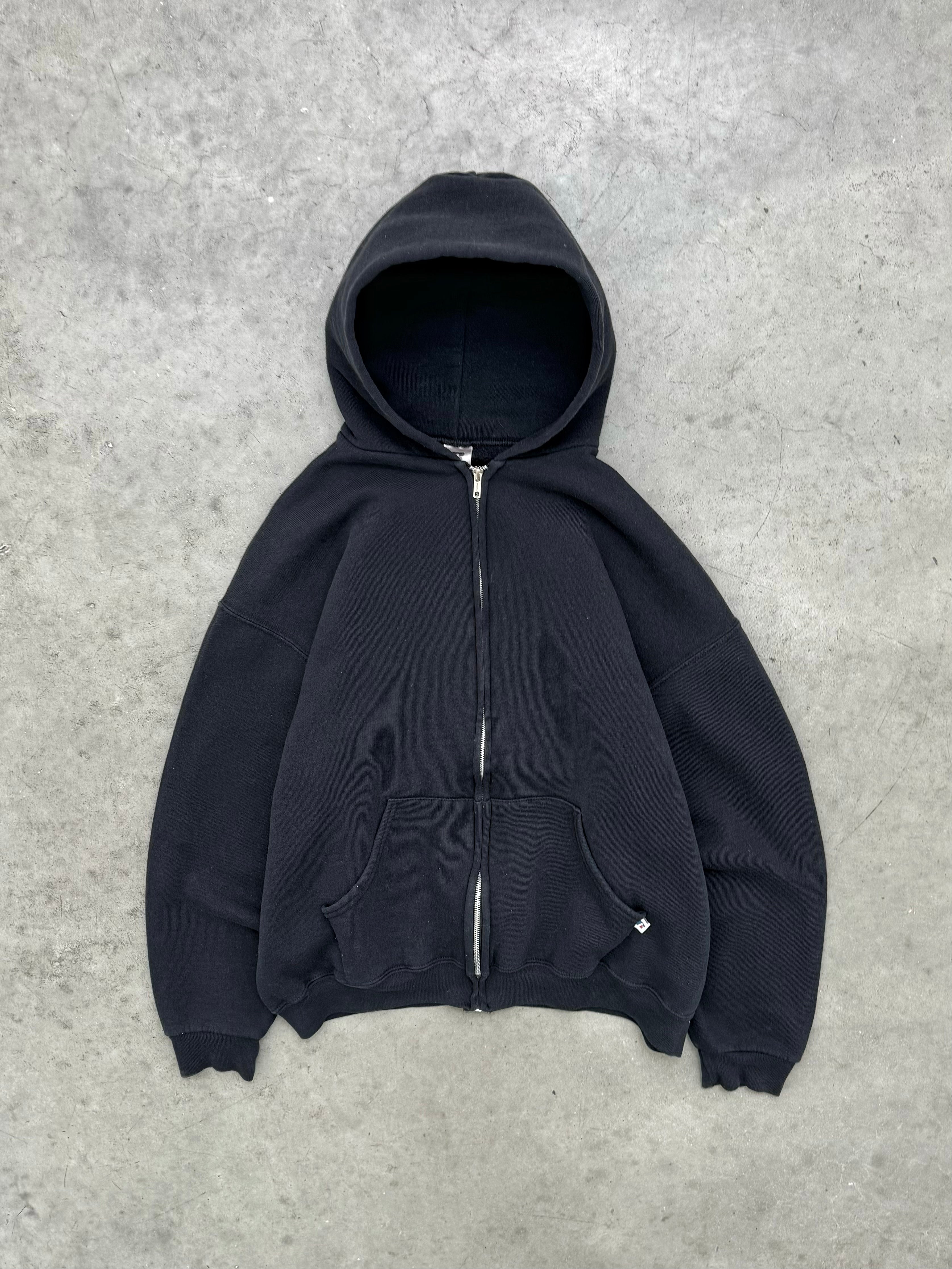FADED BLACK RUSSELL ZIP UP HOODIE - 2000S