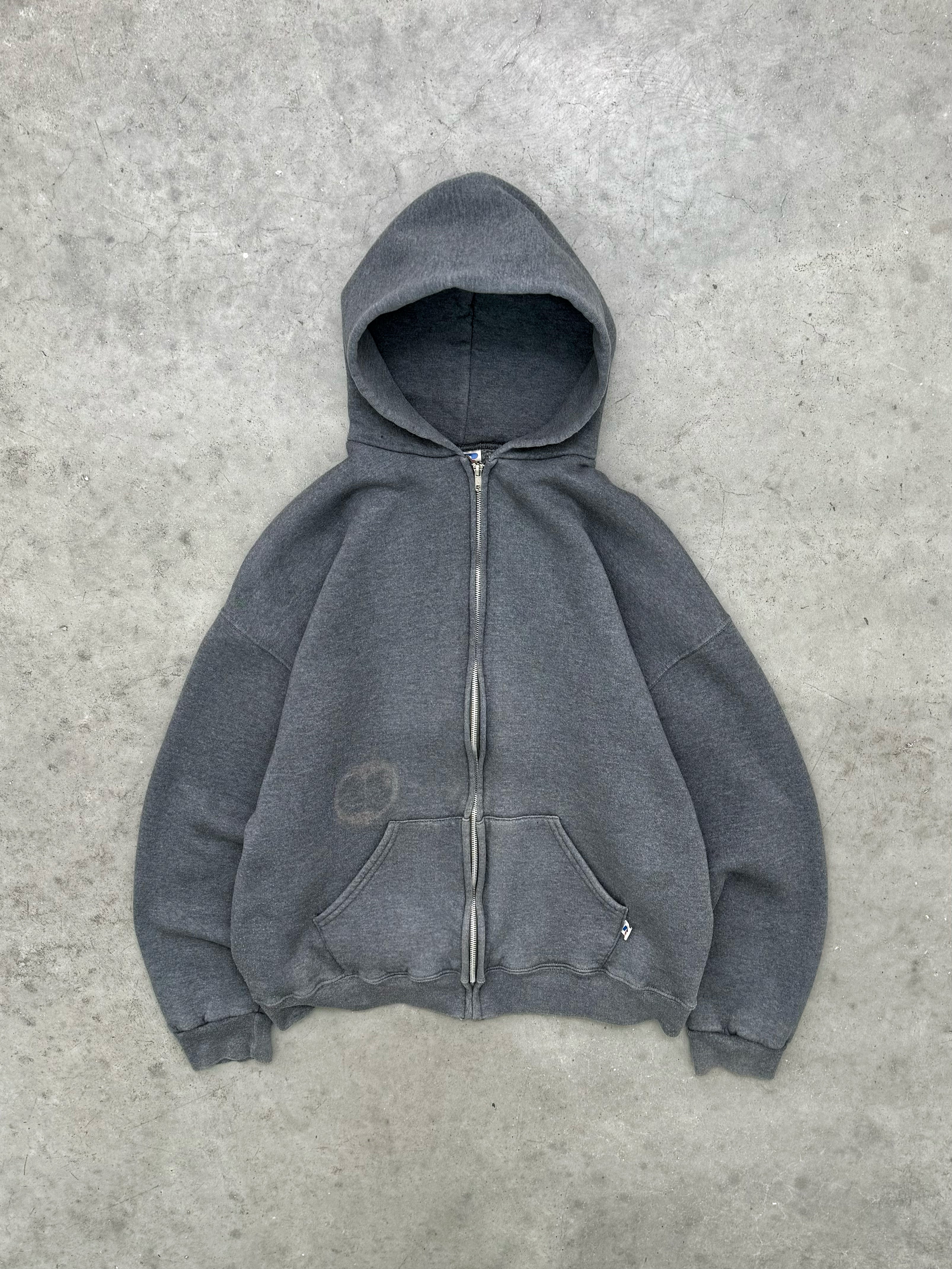 FADED CHARCOAL GREY RUSSELL ZIP HOODIE - 2000S