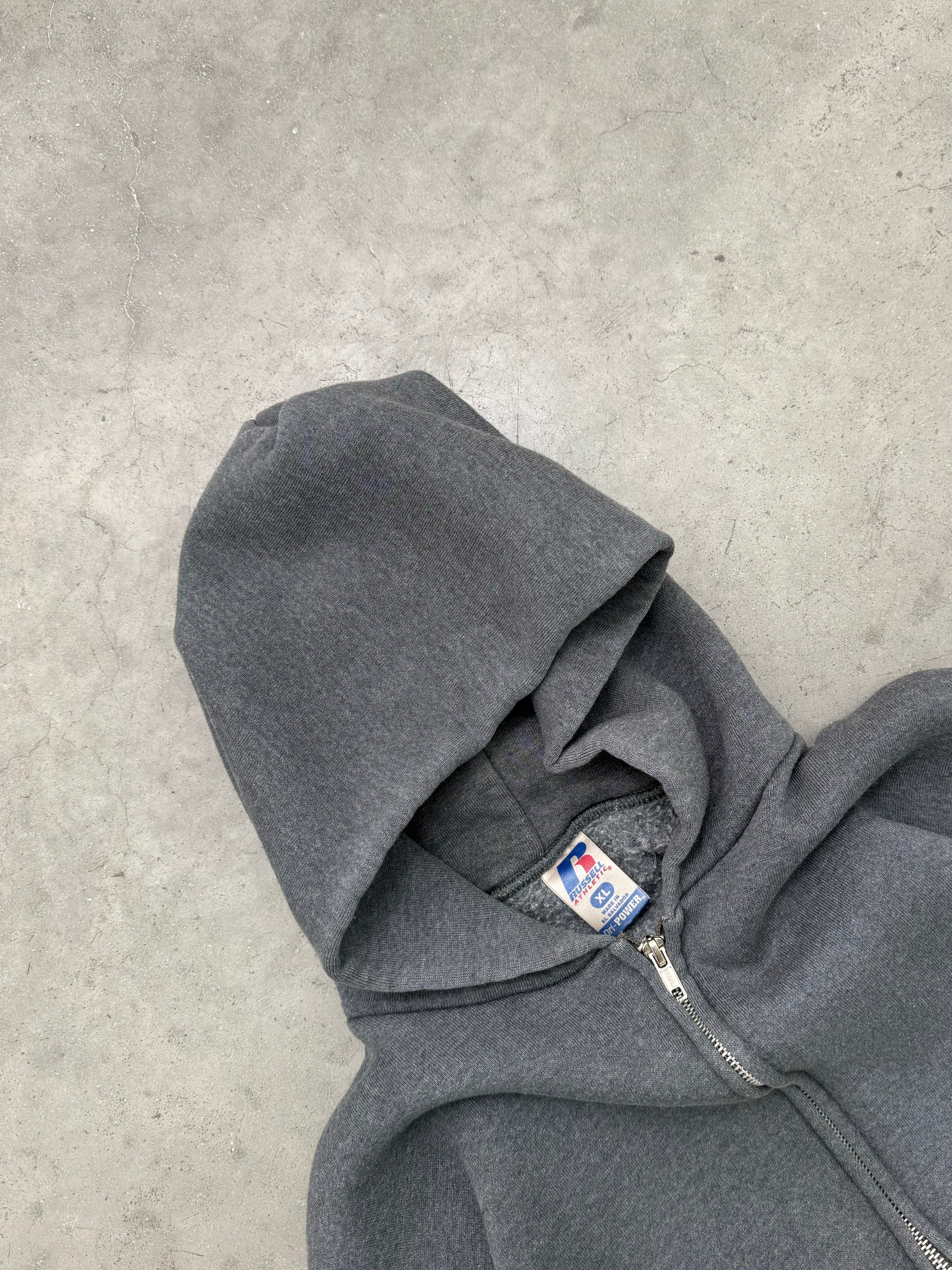 FADED CHARCOAL GREY RUSSELL ZIP HOODIE - 2000S