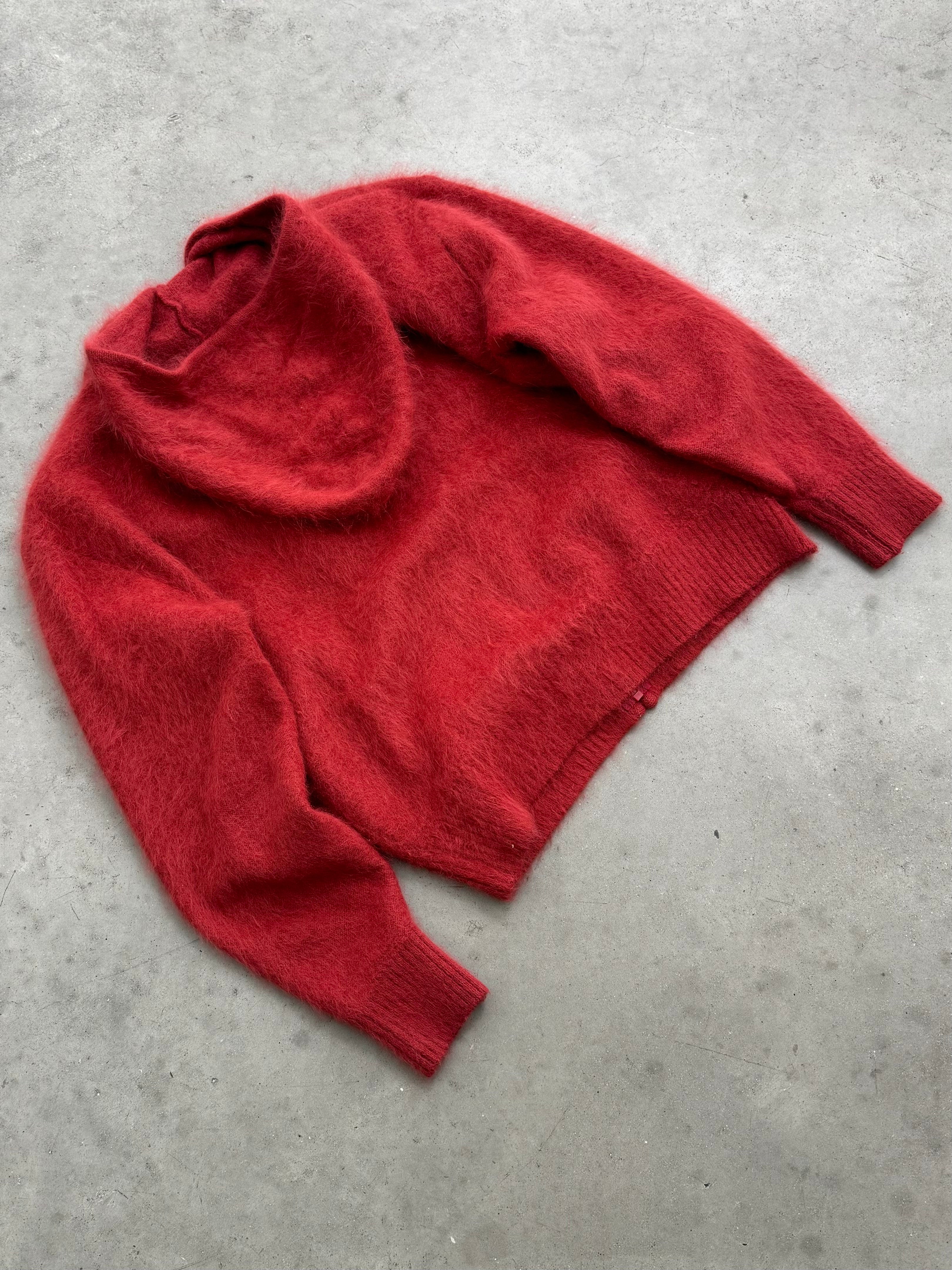 FADED CRIMSON ANGORA MOHAIR KNIT ZIP HOODED SWEATER - 1990S