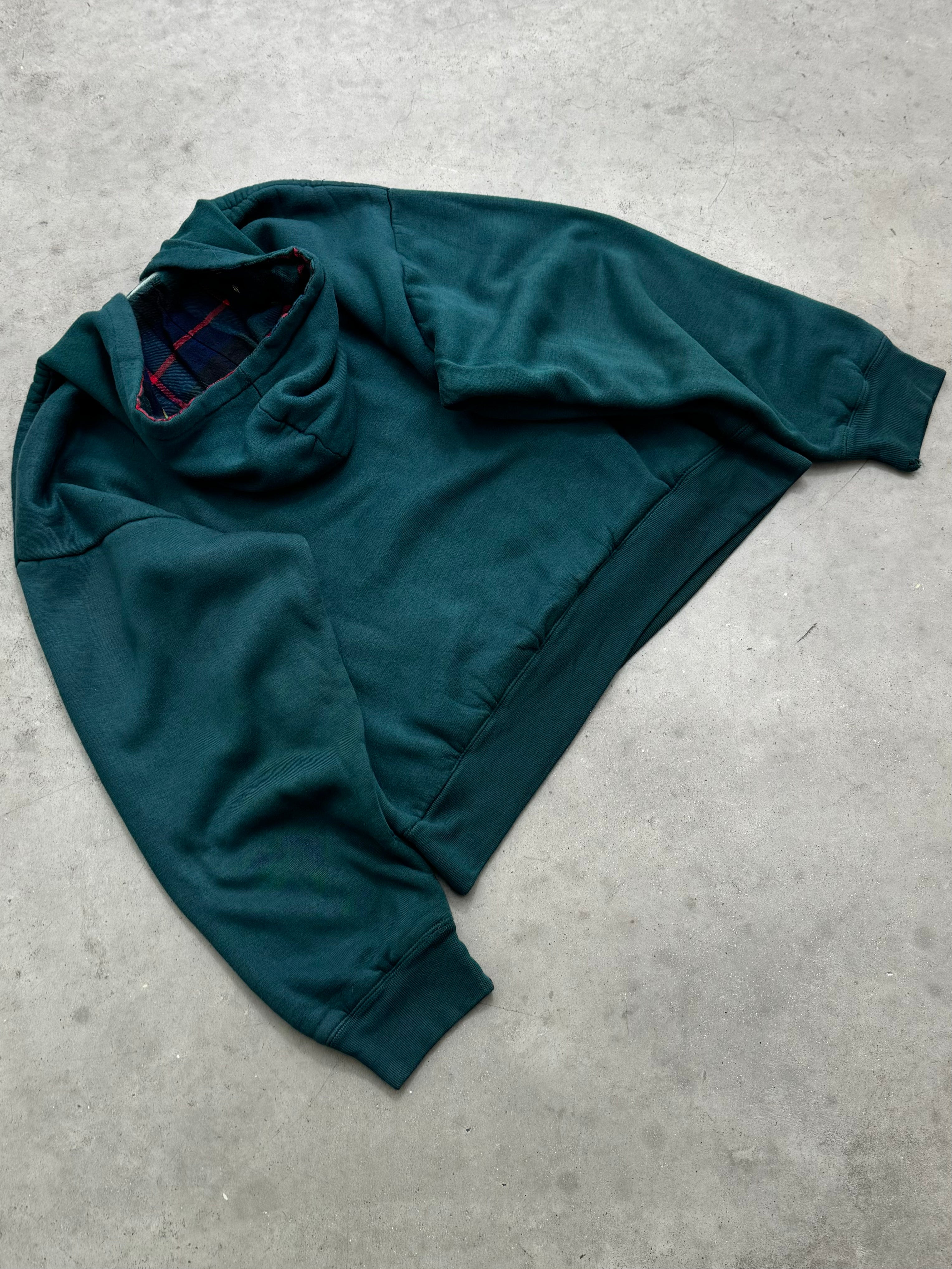 FADED GREEN FLANNEL LINED QUARTER BUTTON HOODIE - 1990S