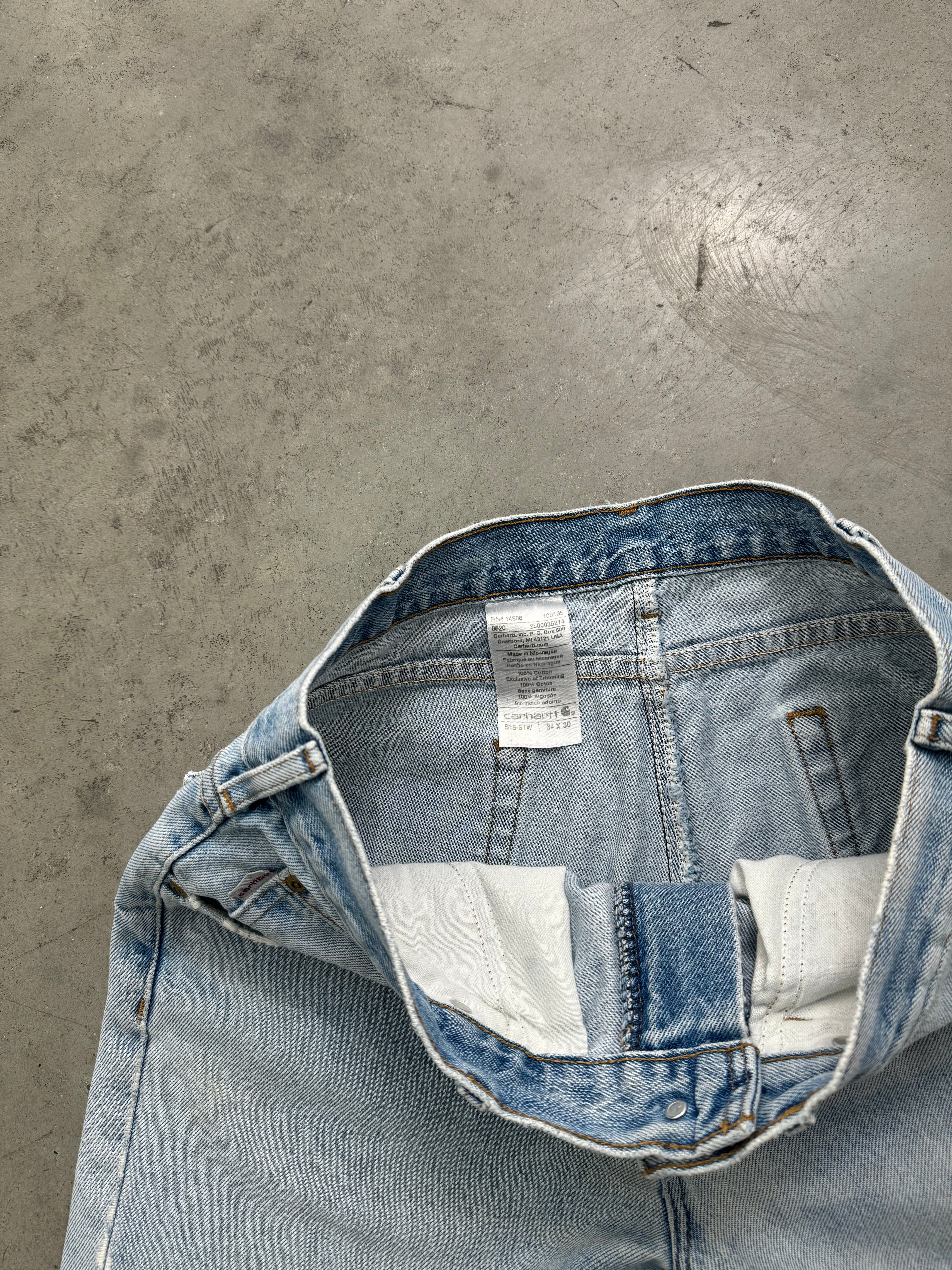 DISTRESSED & FADED LIGHT BLUE CARHARTT JEANS - 1990S