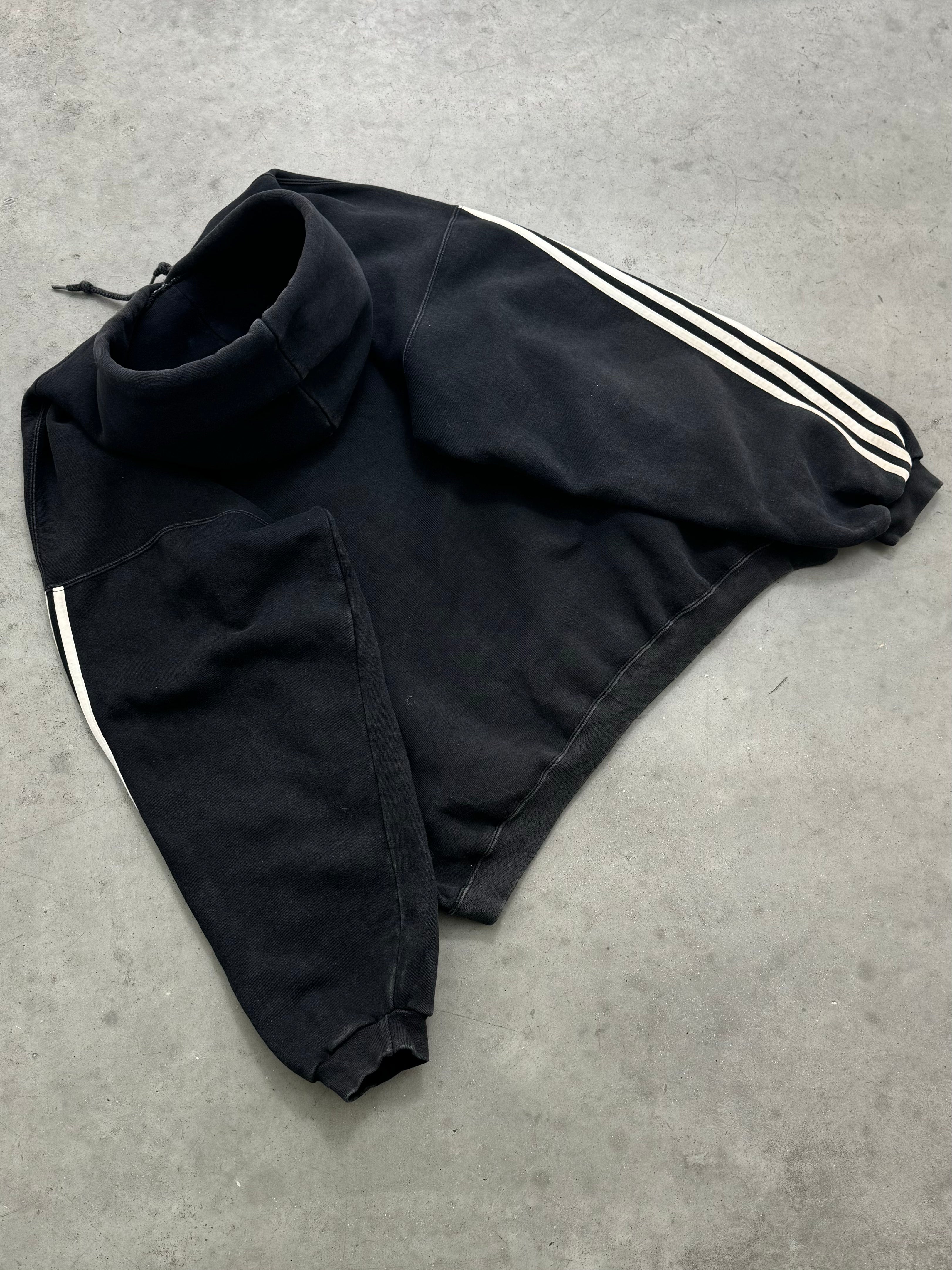 FADED BLACK ADIDAS 3 STRIPE HEAVYWEIGHT HOODIE - 1990S