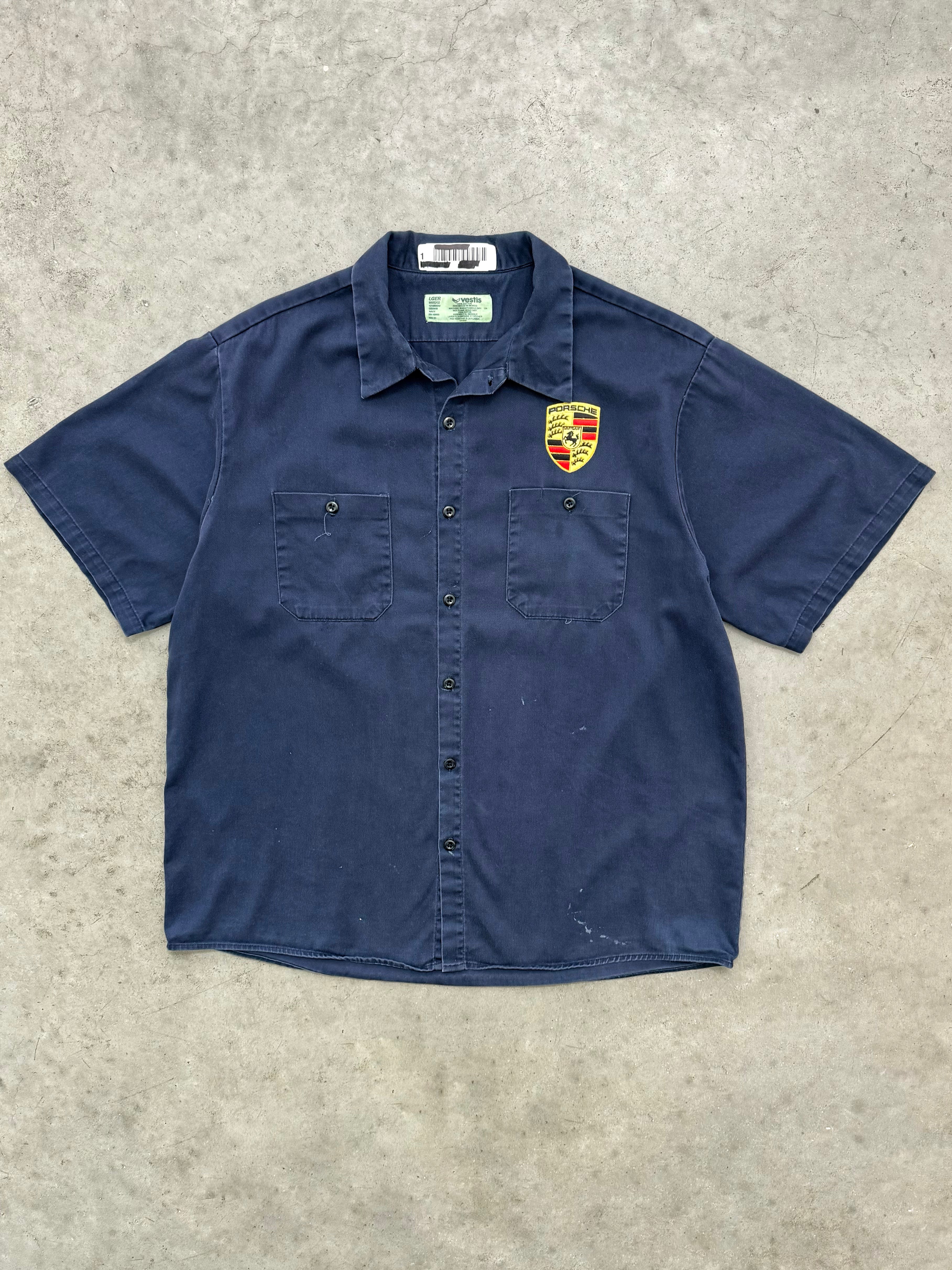 FADED NAVY BLUE PORSCHE MECHANIC BUTTON SHIRT - 1980S