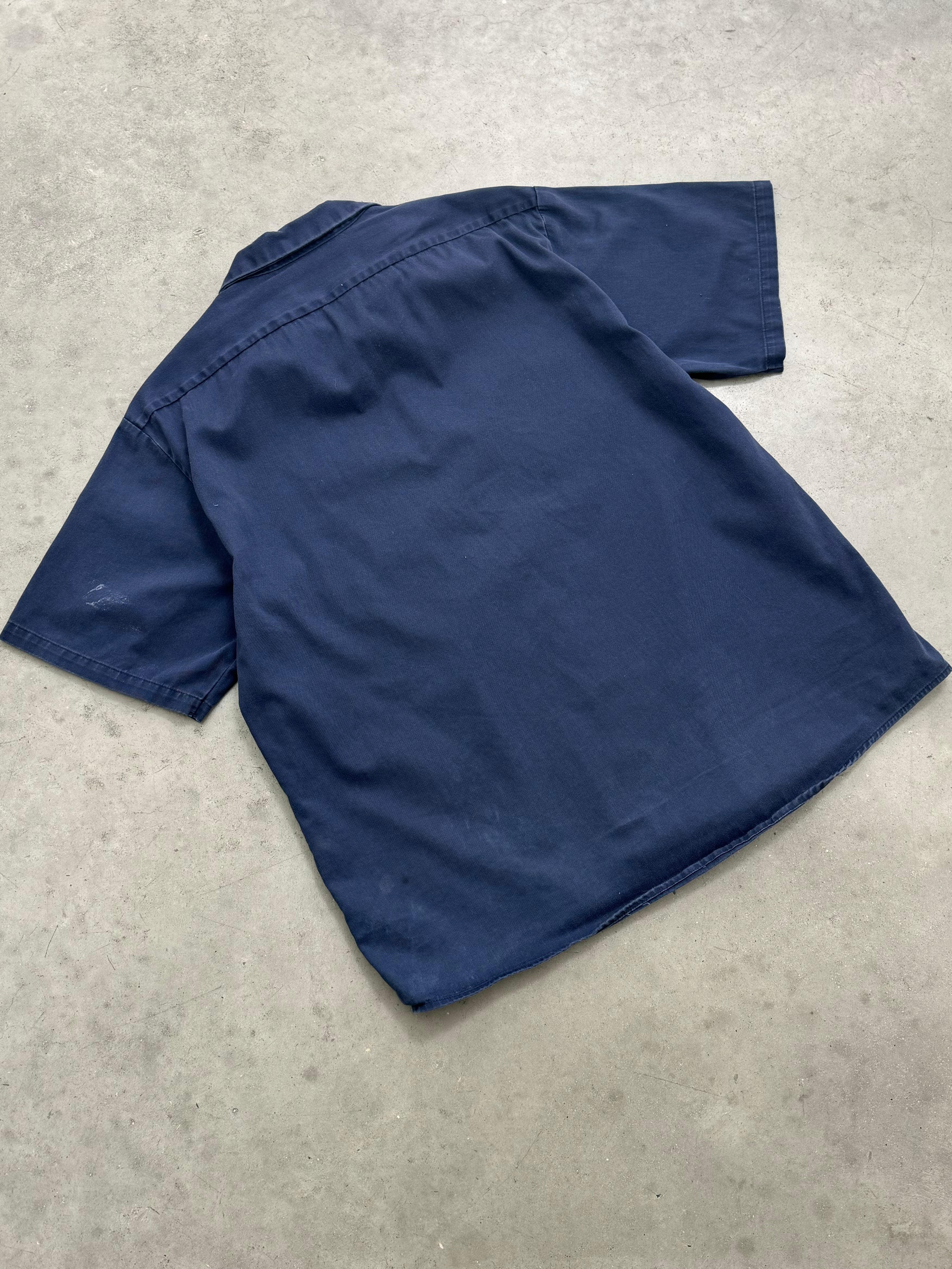 FADED NAVY BLUE PORSCHE MECHANIC BUTTON SHIRT - 1980S