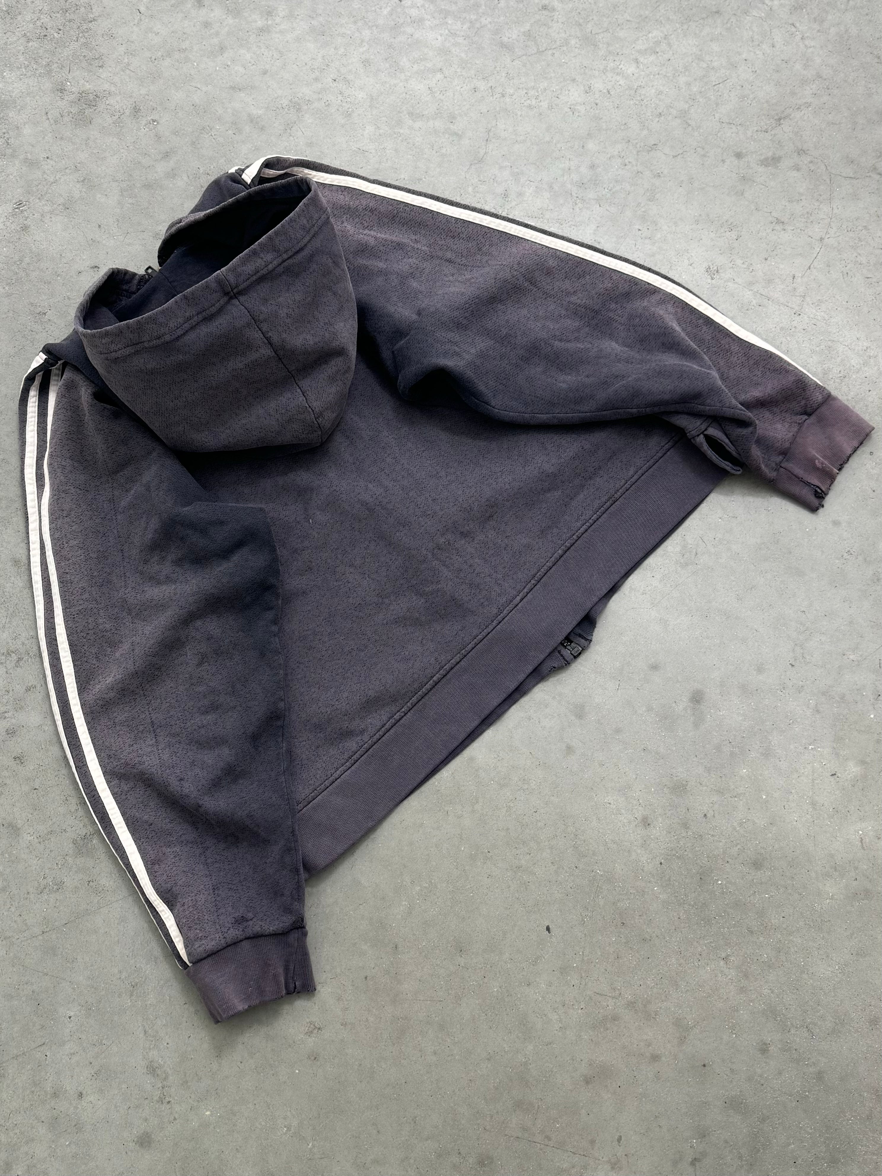 SUN FADED CHARCOAL ADIDAS 3 STRIPE ZIP UP HOODIE - 1990S