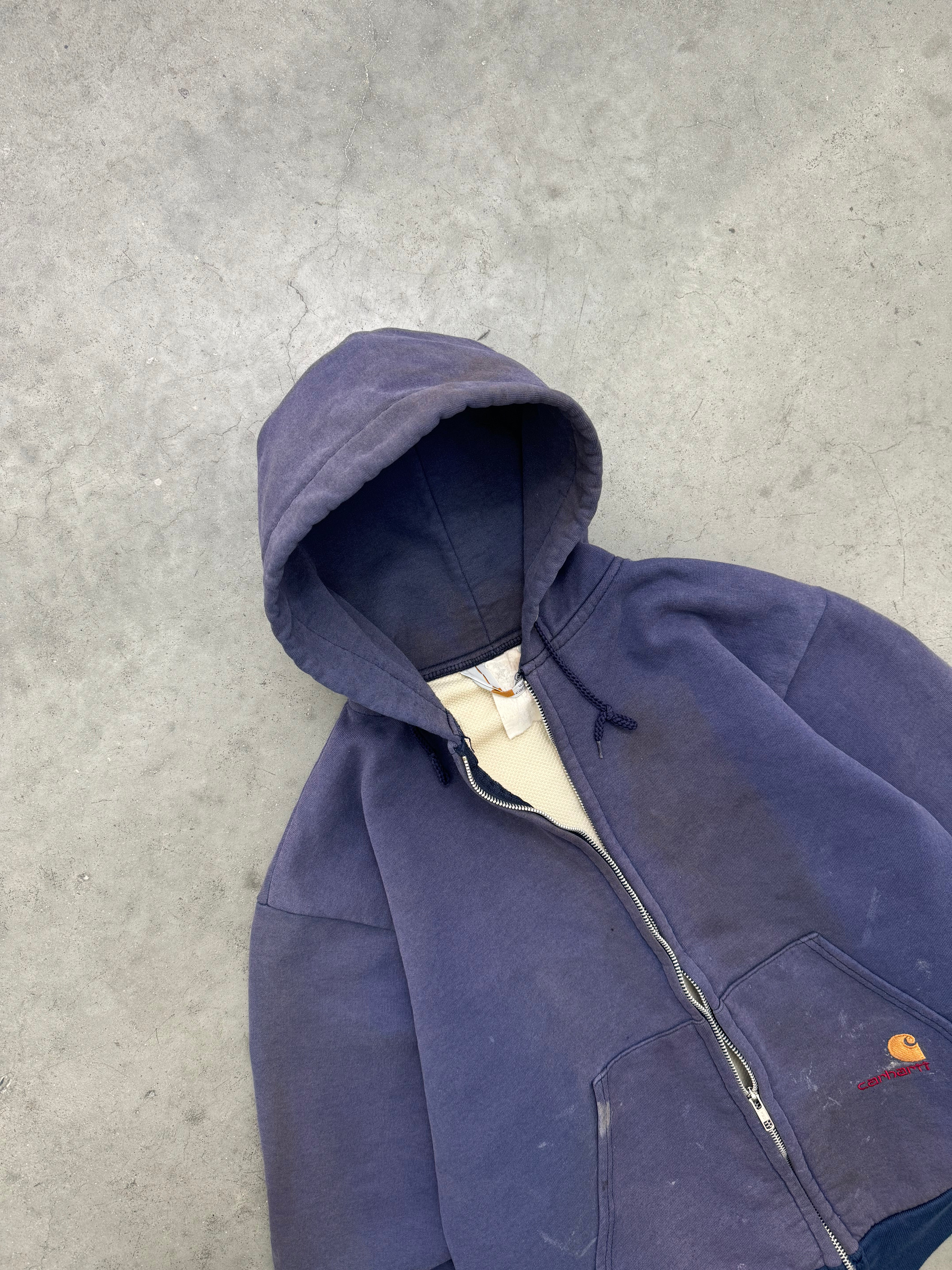 DISTRESSED FADED INDIGO CARHARTT THERMAL-LINED ZIP UP HOODIE - 1980S