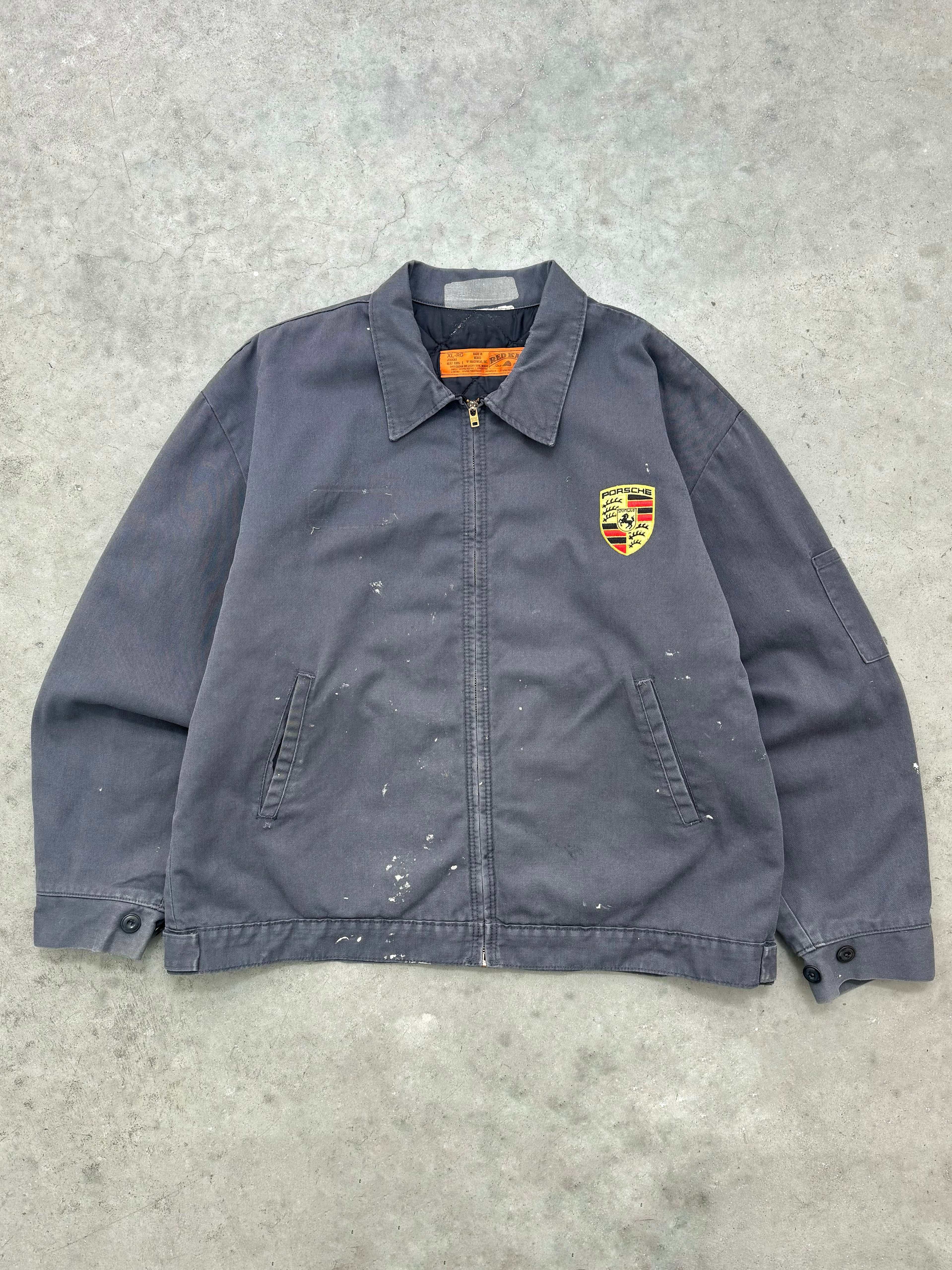FADED STONE GREY & PAINT SPLATTER "PORSCHE" MECHANIC JACKET - 1980S