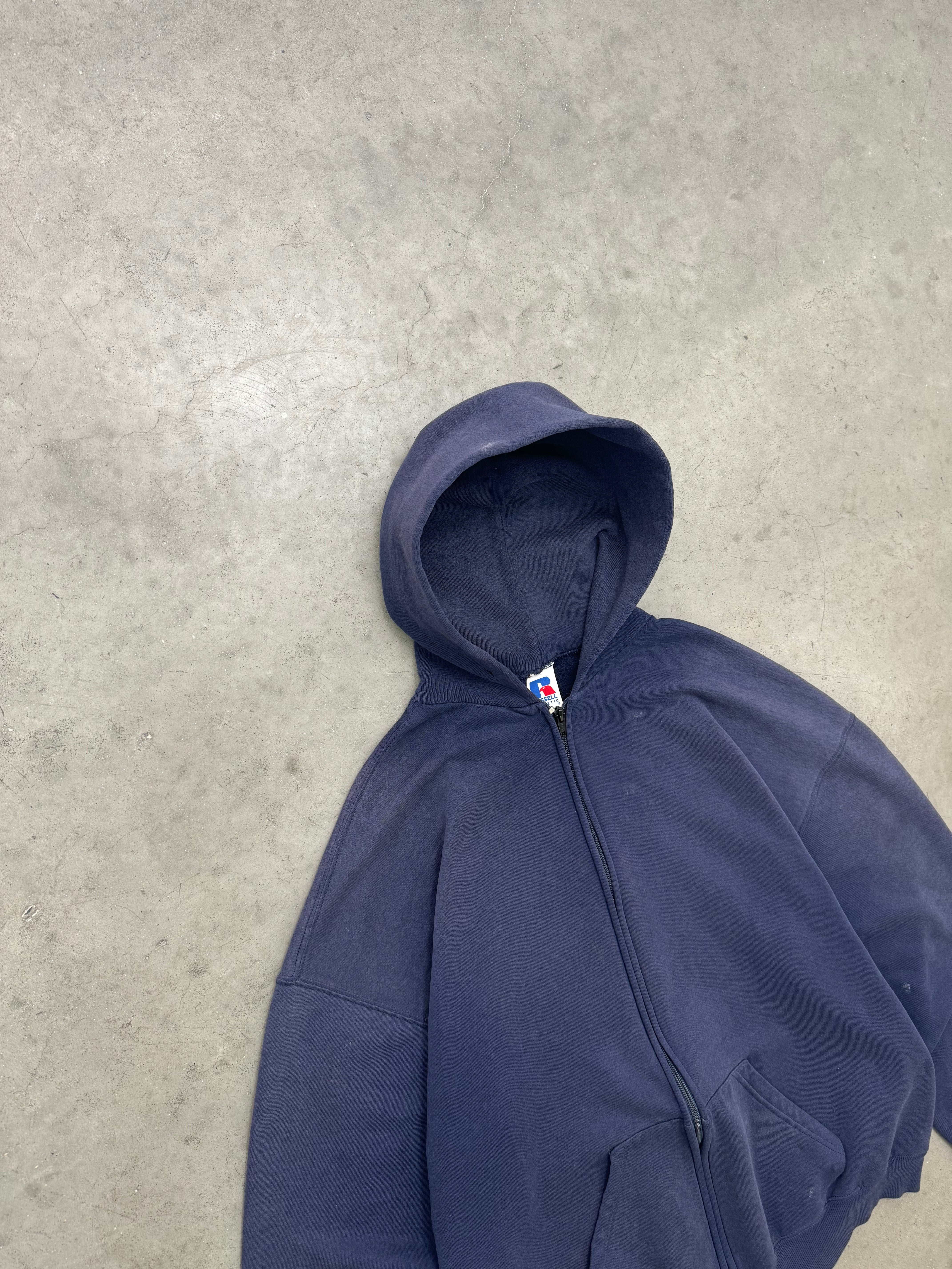 SUN FADED NAVY ZIP UP RUSSELL HOODIE - 1990S