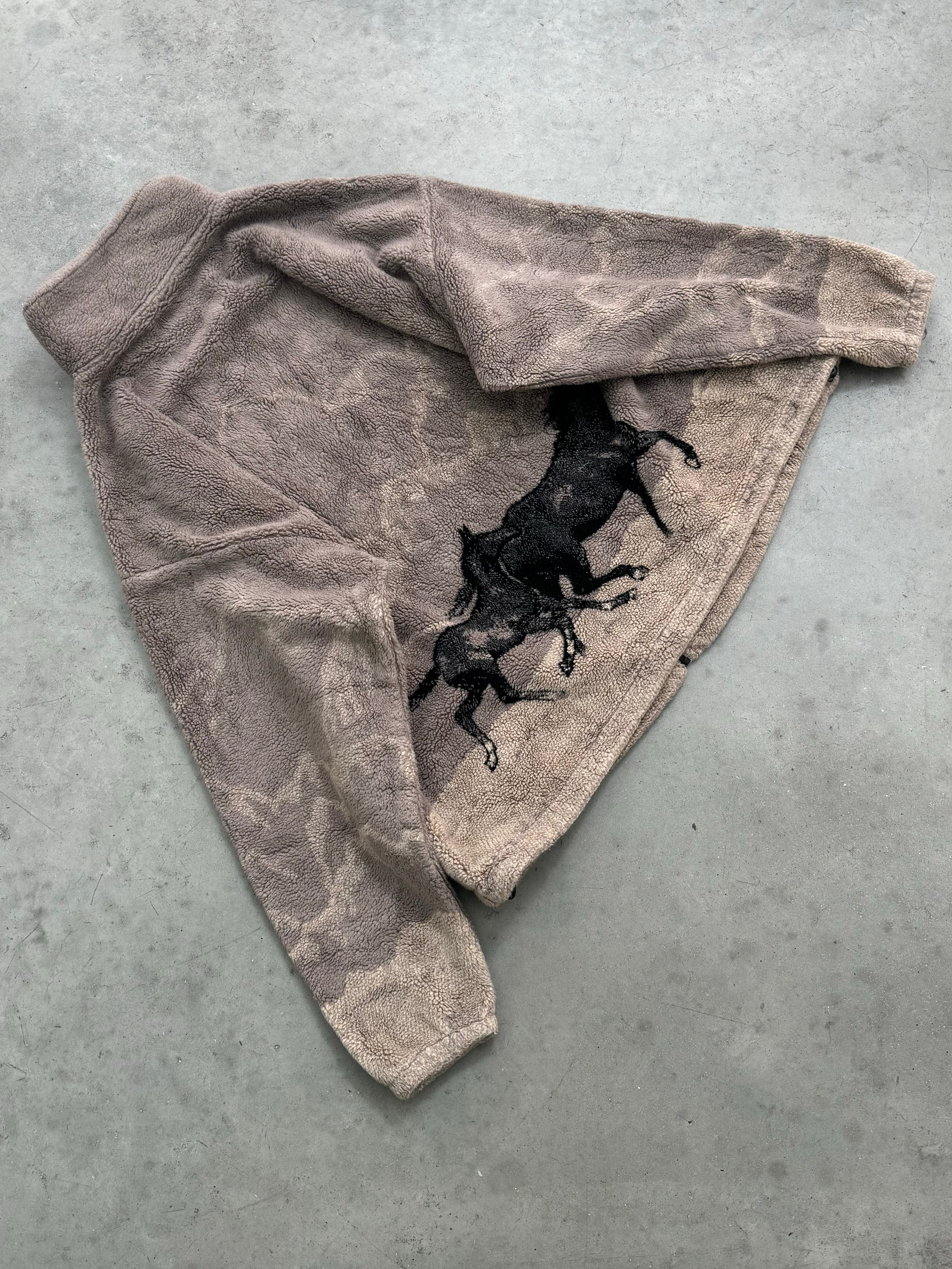 TAUPE BROWN HORSE DEEP PILE ZIP UP FLEECE - 1990S