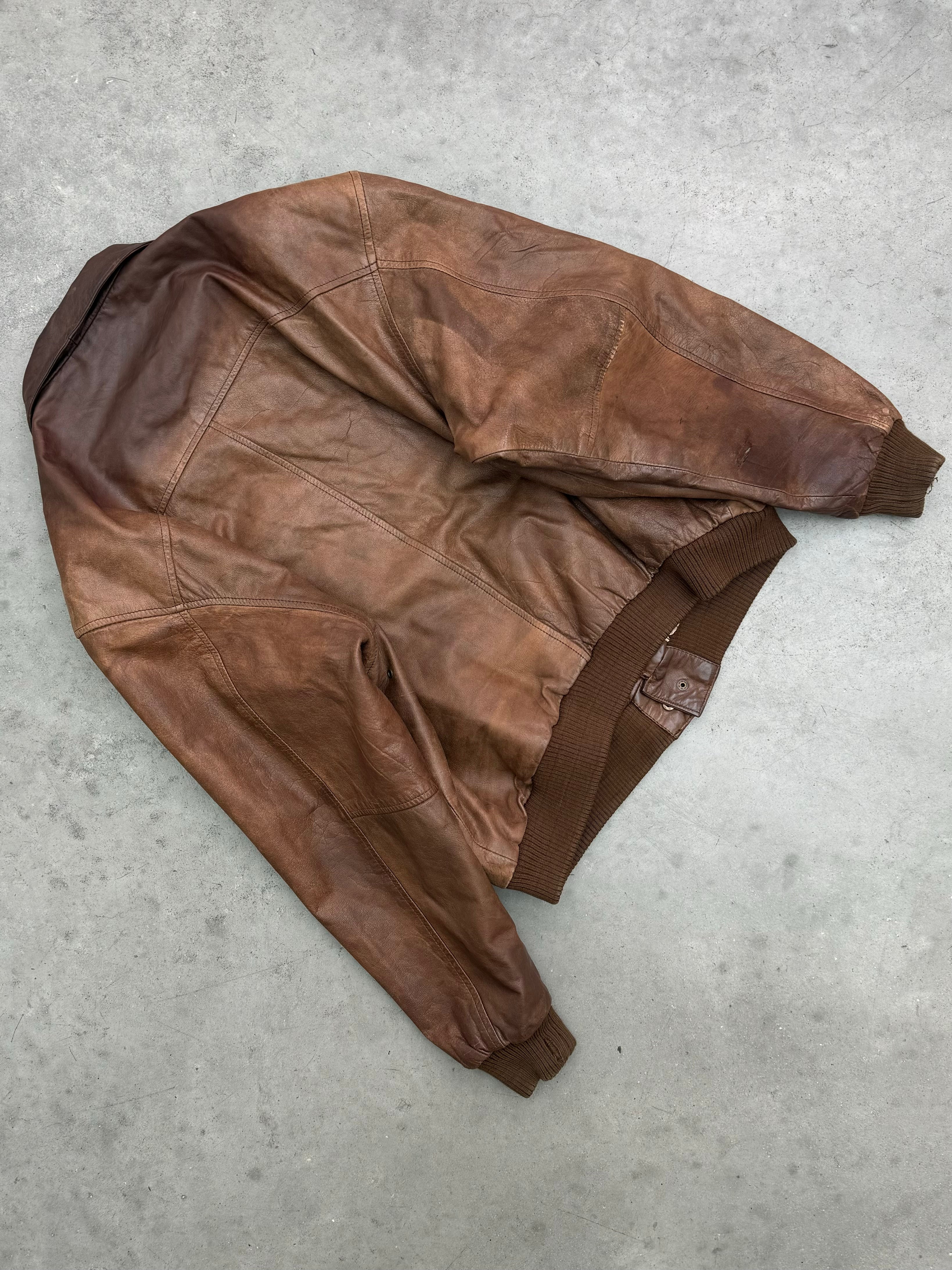 SUN FADED BROWN LEATHER UTILITY JACKET - 1980S