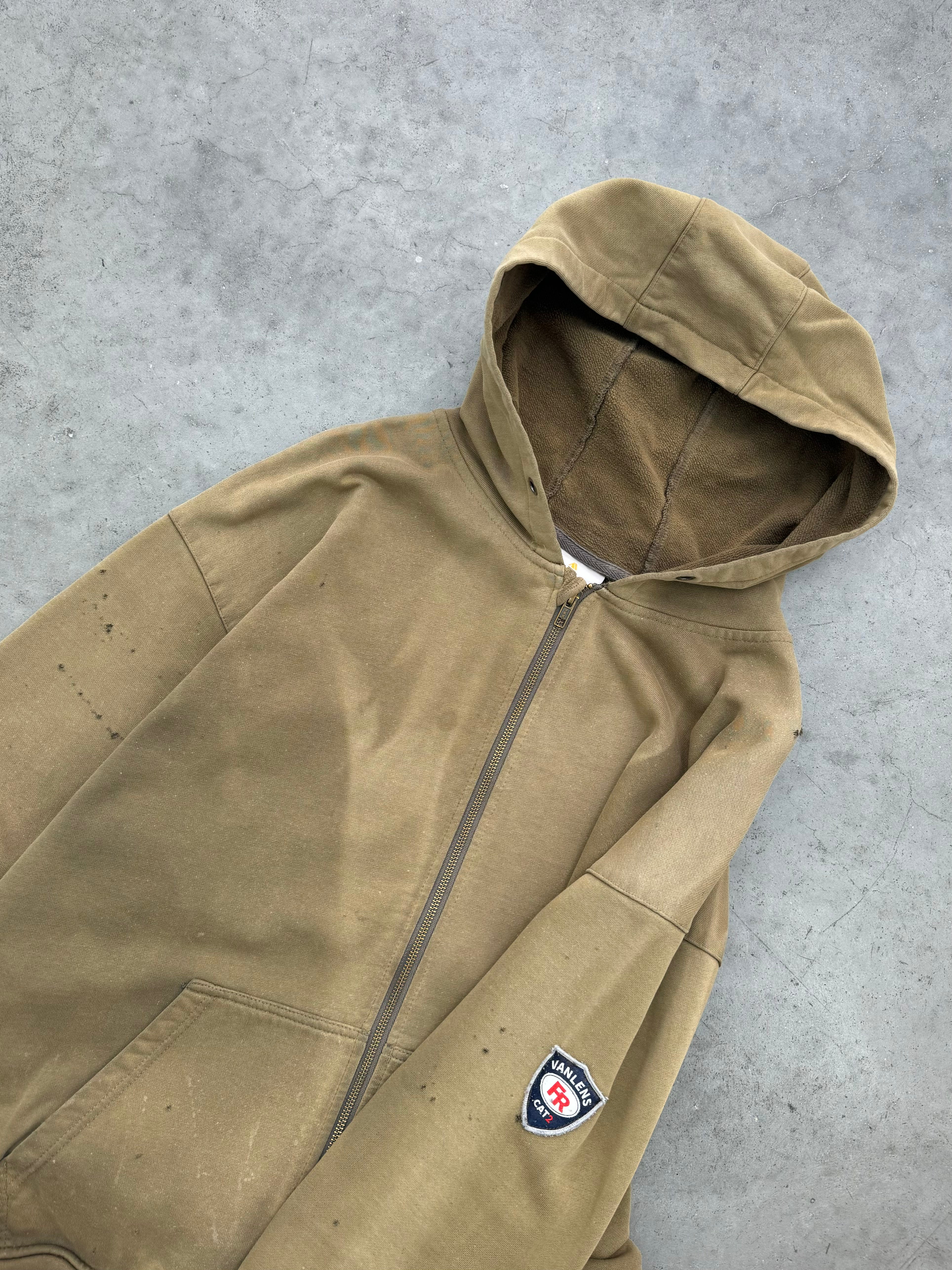 SUN FADED OLIVE DISTRESSED ZIP UP HOODIE - 2000S